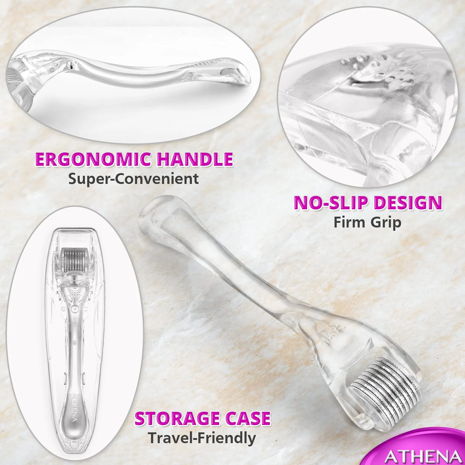 Derma Roller 540 tytanowe mikroigły (0,25 mm) do pielęgnacji skóry z etui podróżnym, ergonomiczna konstrukcja, by Athena London Skincare
