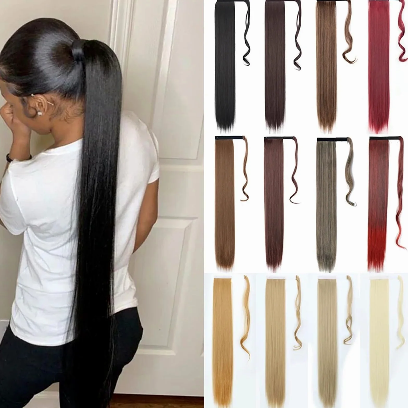 Peruka 22''34'' Long Straight Ponytail Wrap Around Clip In Extensions Black Hairpiece Headwear(Color3,34Inches 85cm)