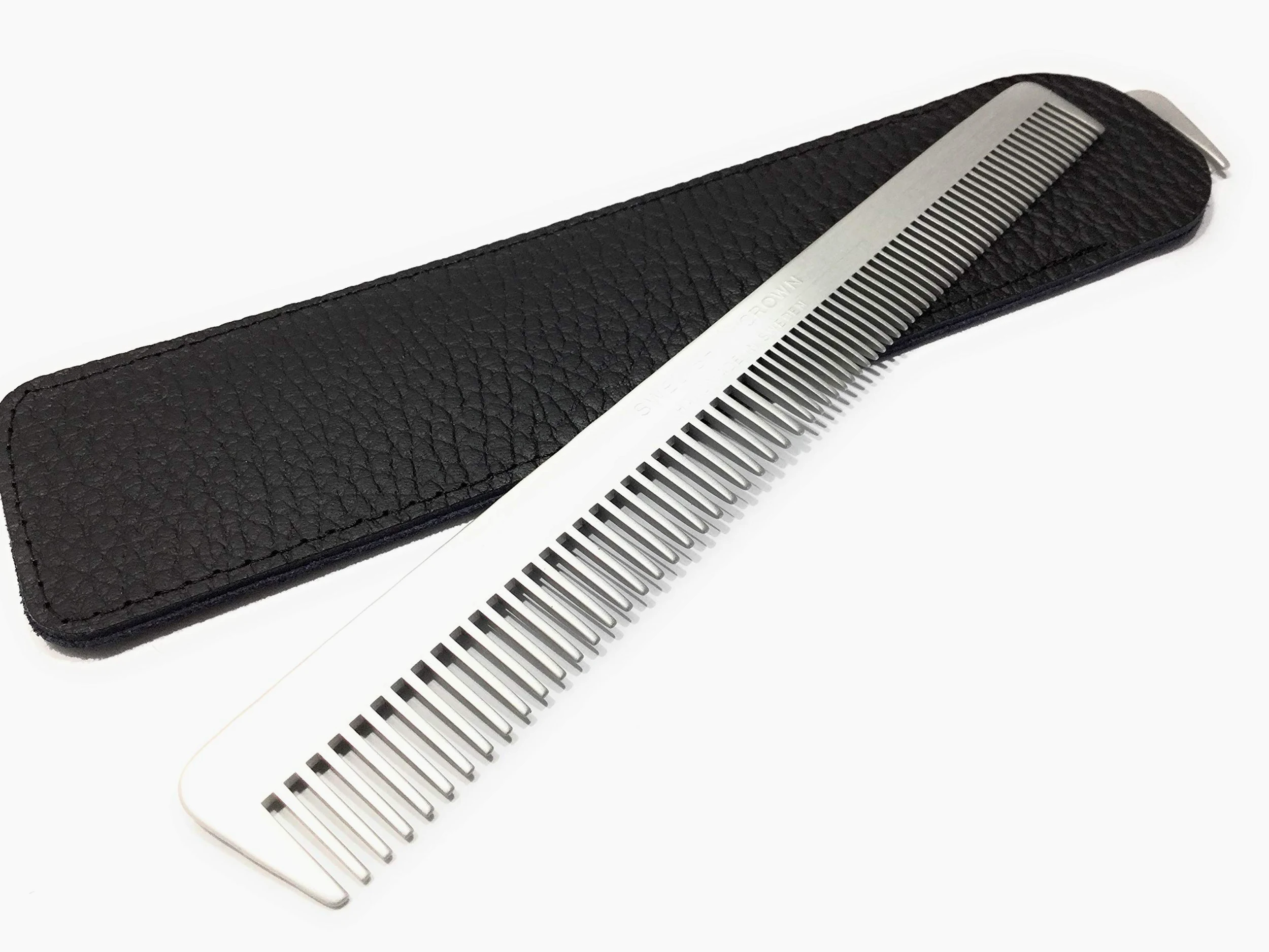 Swedish Crown Profesjonalny grzebień męski z etui z prawdziwej skóry, aluminiowy grzebień 15,5 cm (antystatyczny) metalowy grzebień drobne + szerokie ząbki grzebień do brody w wersji salonowej (2261