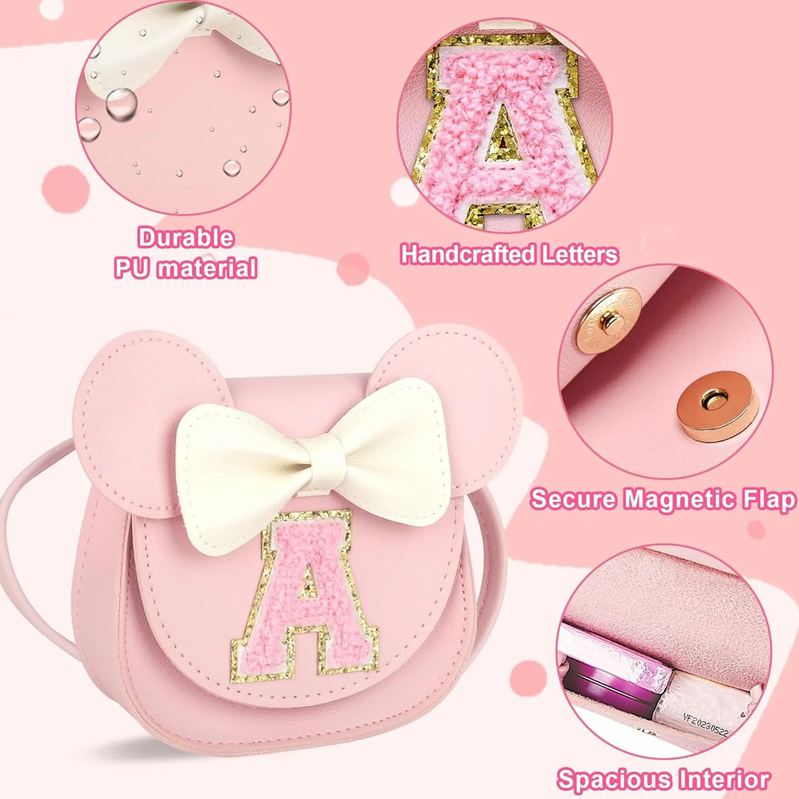 KU Prezent dla dziewczynki Little Mouse Ear Bow Crossbody Purse, PU mini torebka, torba na ramię dla dzieci, dziewczynek, małych dzieci w wieku 2-8 lat