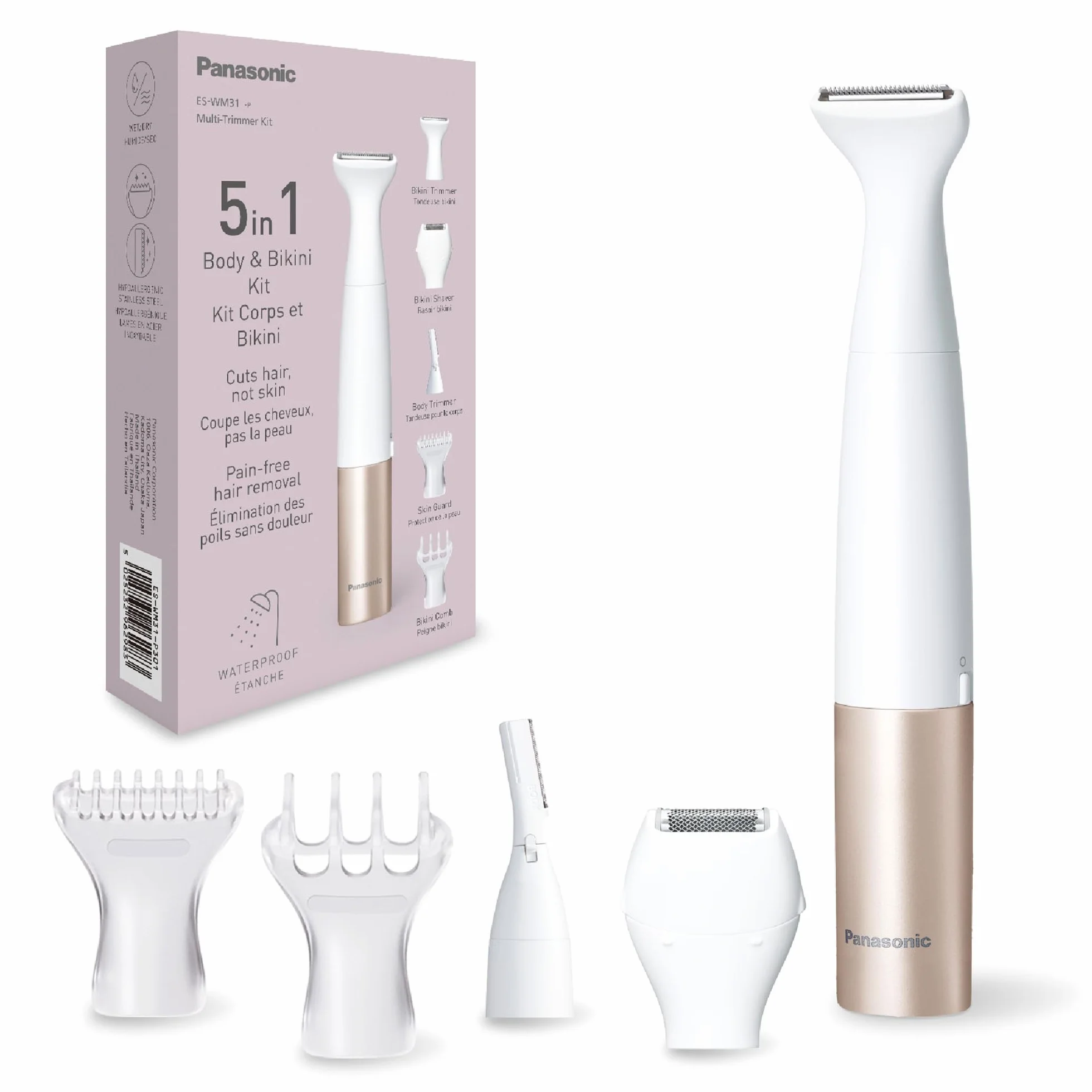 Panasonic ES-WM31 5 w 1 Do Ciała i Bikini, Golarka dla Kobiet, Golarki, Trymer do Bikini, 5 Końcówek, IPX7 Wodoodporna, Na Mokro i Na Sucho, Zasilana na Baterię (1 Bateria AA), Biało-Złoty