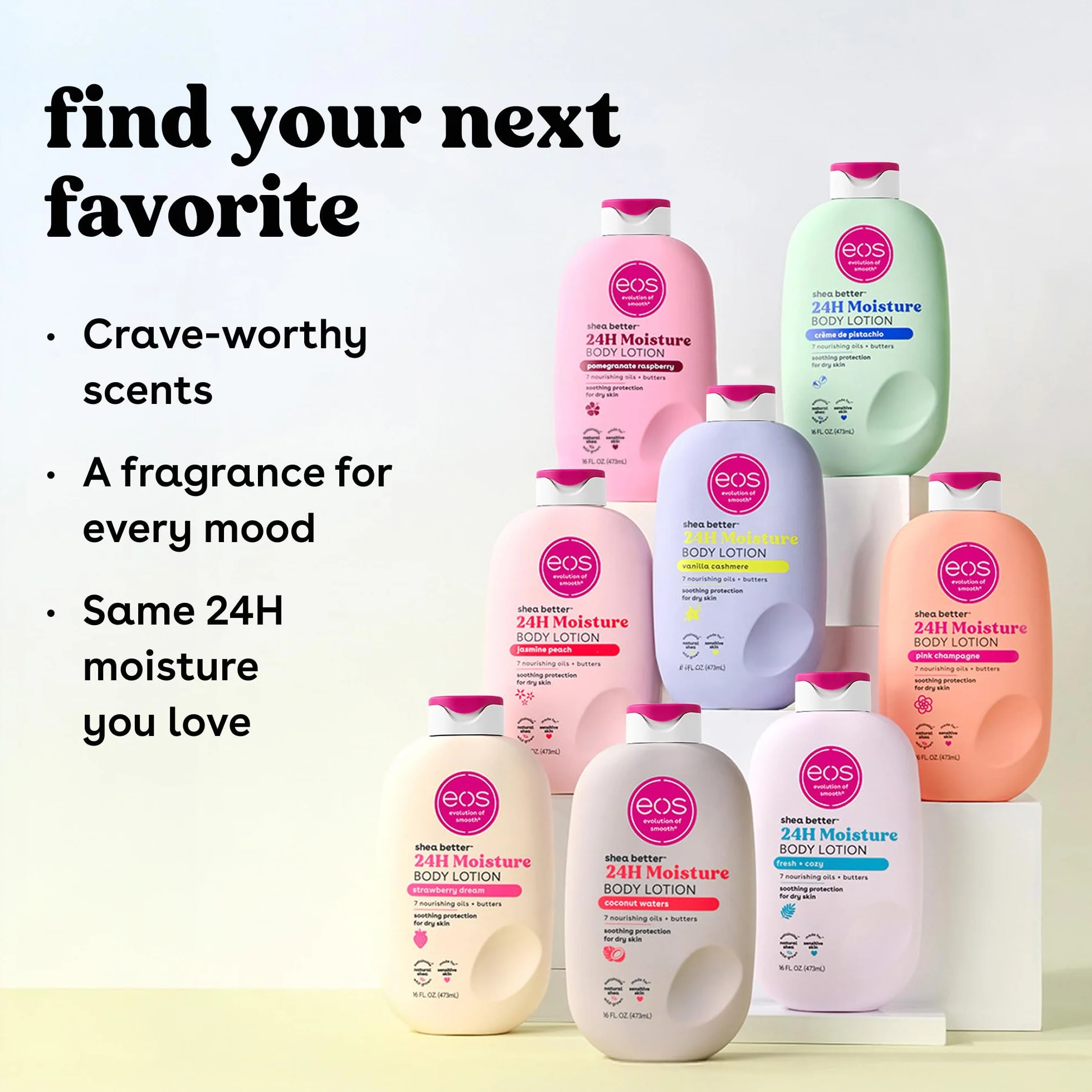 eos Shea Better balsam do ciała - Fresh & Cozy, nawilżający balsam do pielęgnacji skóry 24-godzinnej, lekki i nietłusty, wyprodukowany z naturalnej Shea, wegański, 473 ml