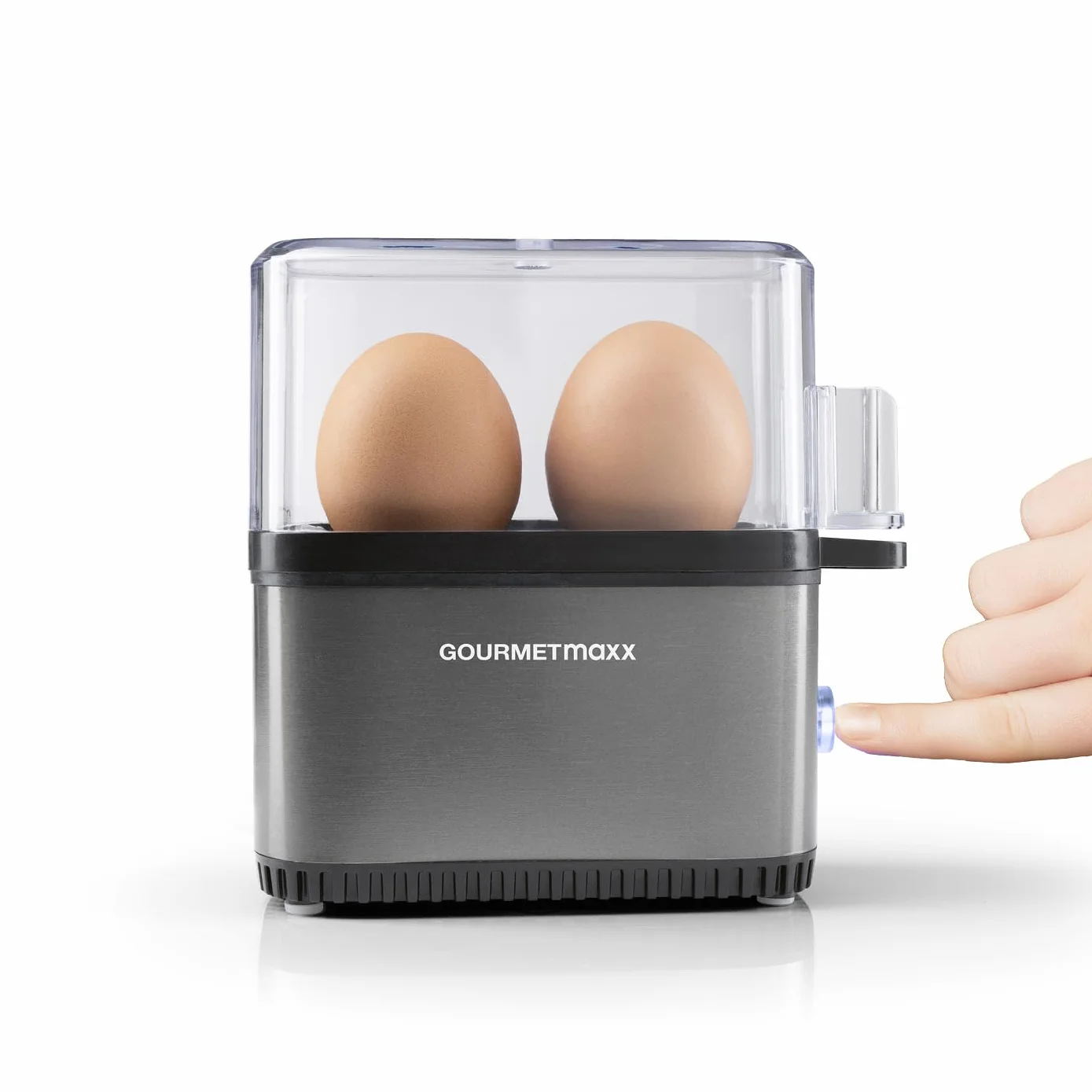 GOURMETmaxx Jajowar na 2 jajka | bojler do jajek z wykrawaczem do jajek w miarce | Egg Cooker – 3 stopnie twardości do kieliszków do jajek | Design mały jajowar – części nadające się do mycia w