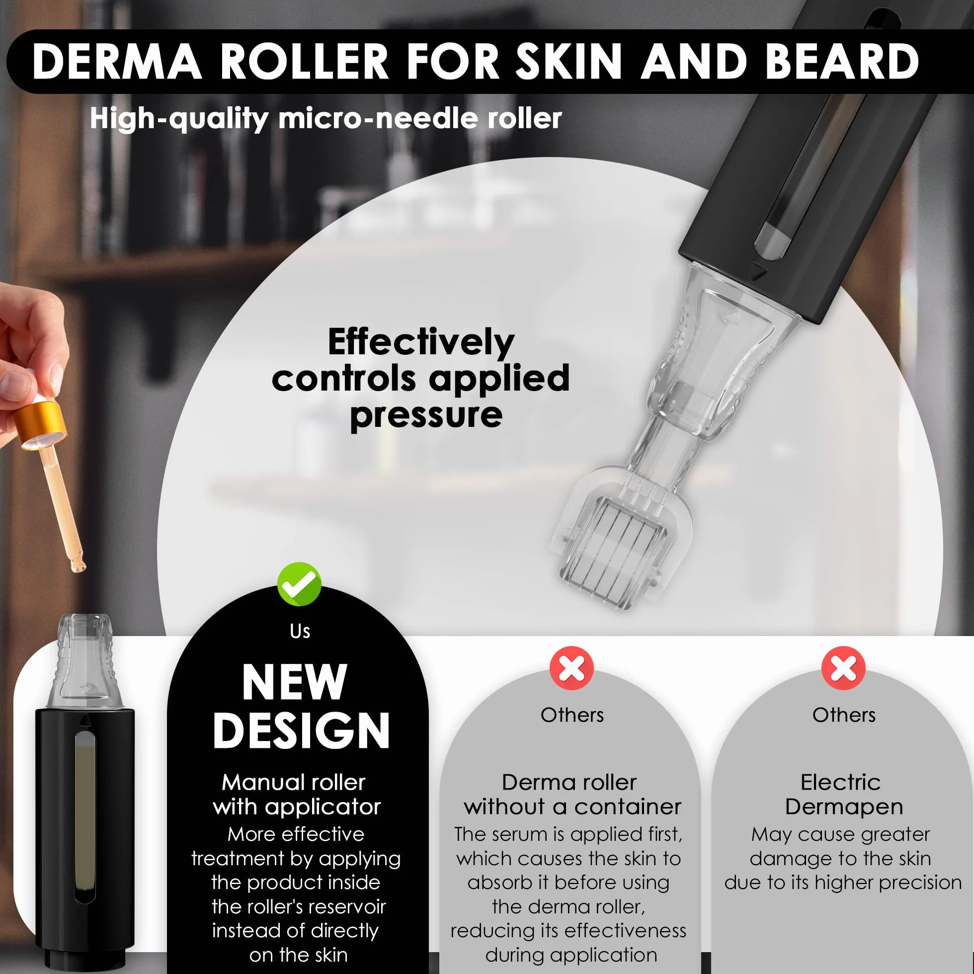 HAMINOS Derma Roller 0,25 mm z Pojemnikiem 105 igieł tytanowych do Włosów, Brody, Skóry