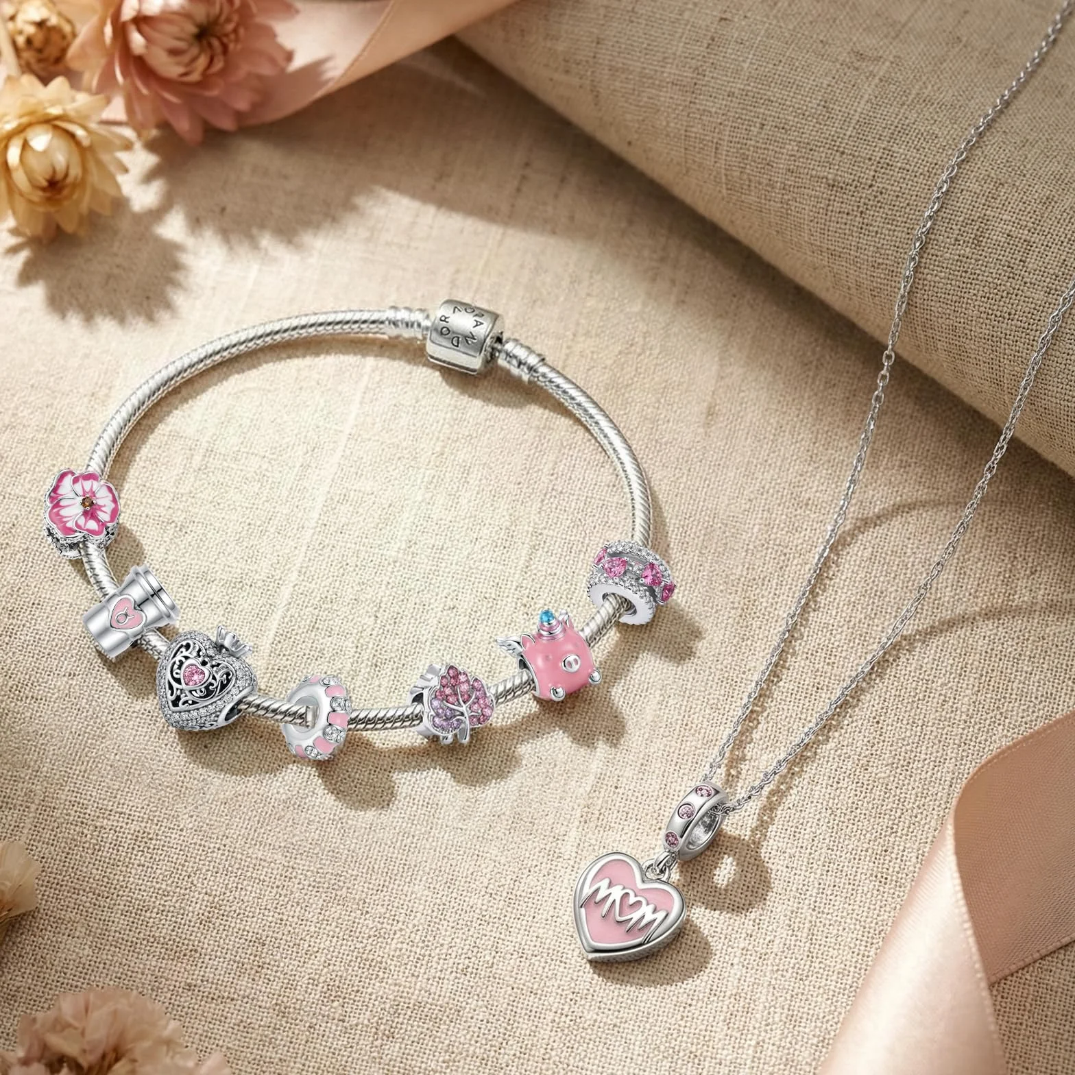 Zawieszki Charms do bransoletki Pandory: 12 sztuk charmsów i koralików dla kobiet, srebrna i różowa biżuteria, akcesoria Y2k dla mamy, córki, charmsy na 18. urodziny dziewczynki
