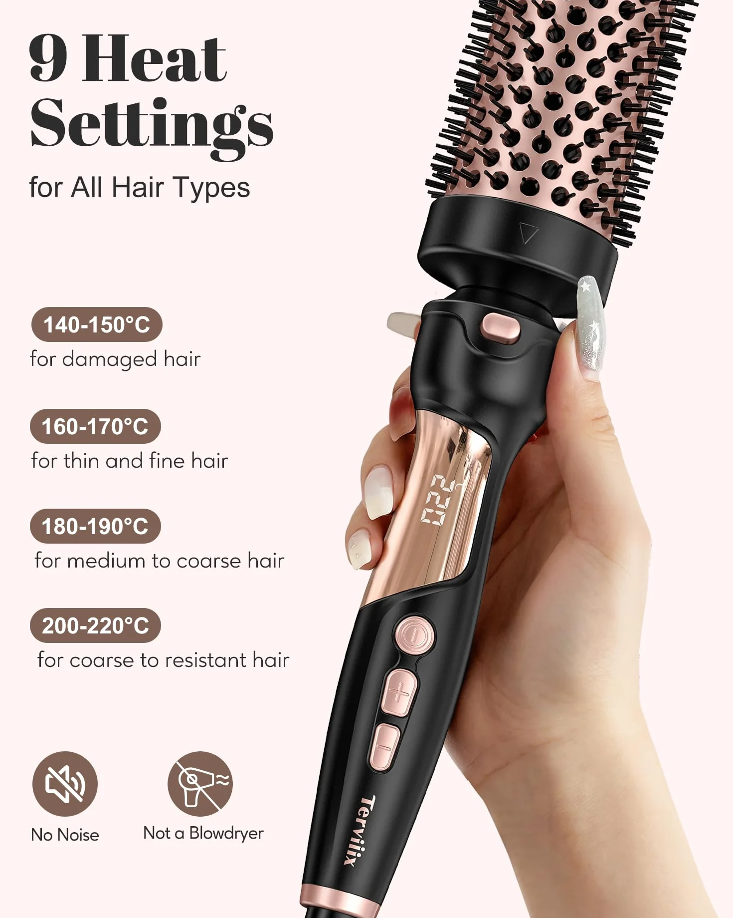 Terviiix Thermal Brush, Ceramiczna lokówka i gorąca szczotka z 9 temperaturami. 3 wymienne lokówki podróżne do krótkich, średnich i długich włosów (cylindry 32 mm, 38 mm i 45 mm), podwójne napięcie