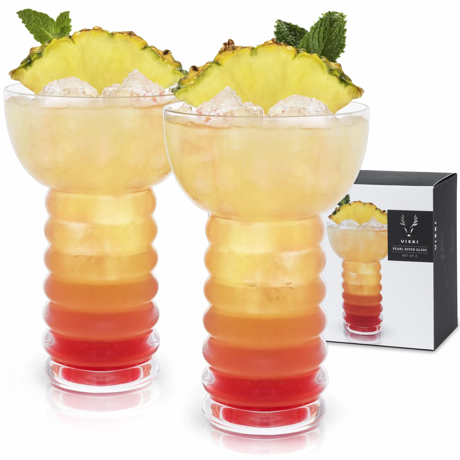 Viski Pacific Crystal Pearl Diver Tropical Tiki Tumbler zestaw 2 szt. – wysokiej jakości krystalicznie czyste szkło, stylowe szklanki Tiki do koktajli, zestaw upominkowy, 350 ml