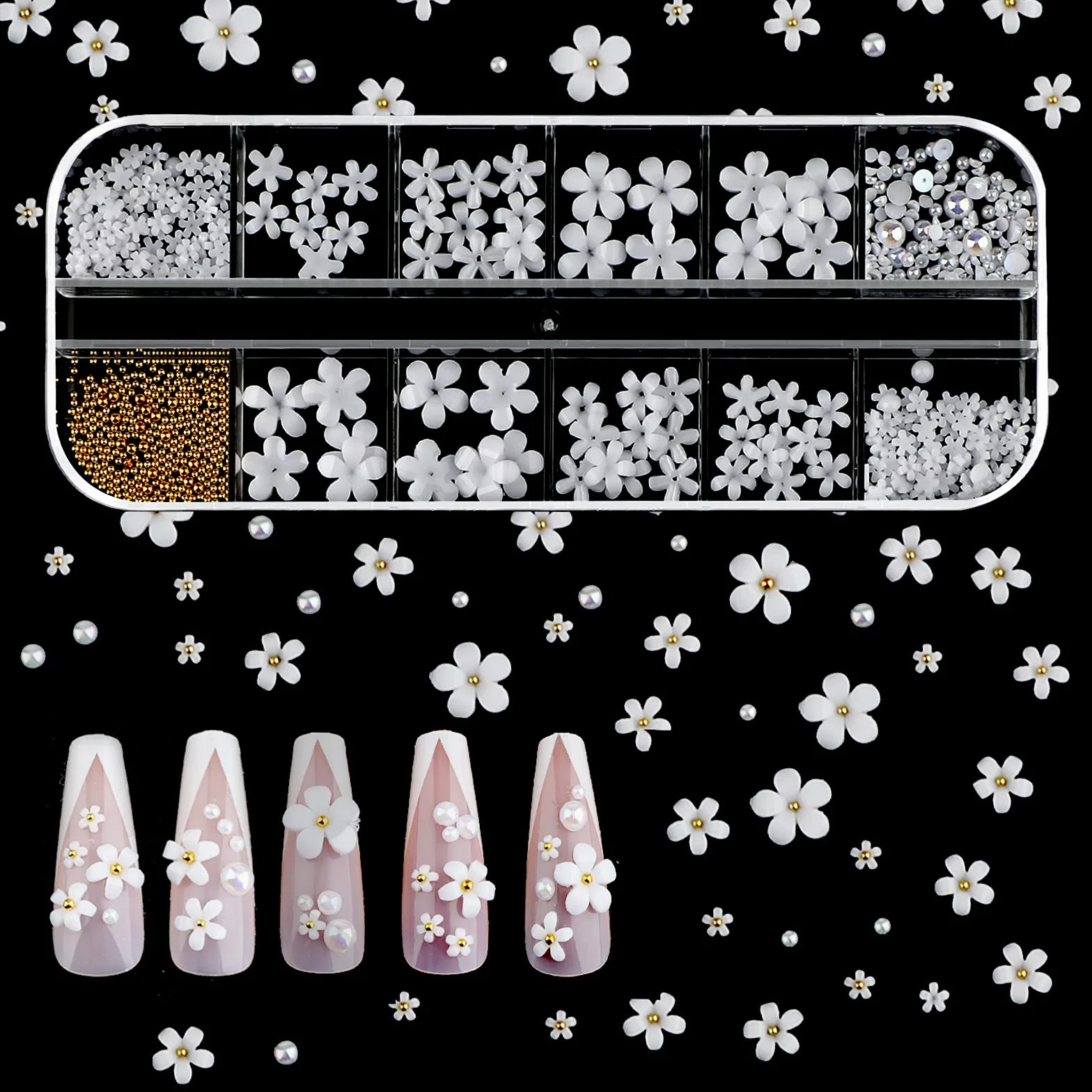 SAVITA 250 Sztuk 12 Rozmiarów 3D Kwiaty do Paznokci, 3D Dekoracja do Paznokci Plaskie Akcesoria do Paznokci do DIY Nail Art Design Tworzenia Bizuterii (Bialy)
