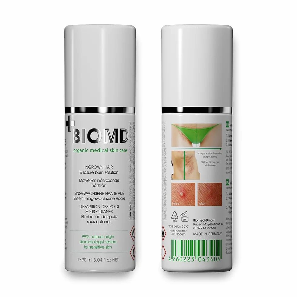 BioMD Przeciw wrastającym włoskom, z kwasami BHA i AHA, podrażnienia po goleniu, golenie, woskowanie, prevents ingrown hairs, Razor Burn, Shaving, Waxing, Vegan - 90ml