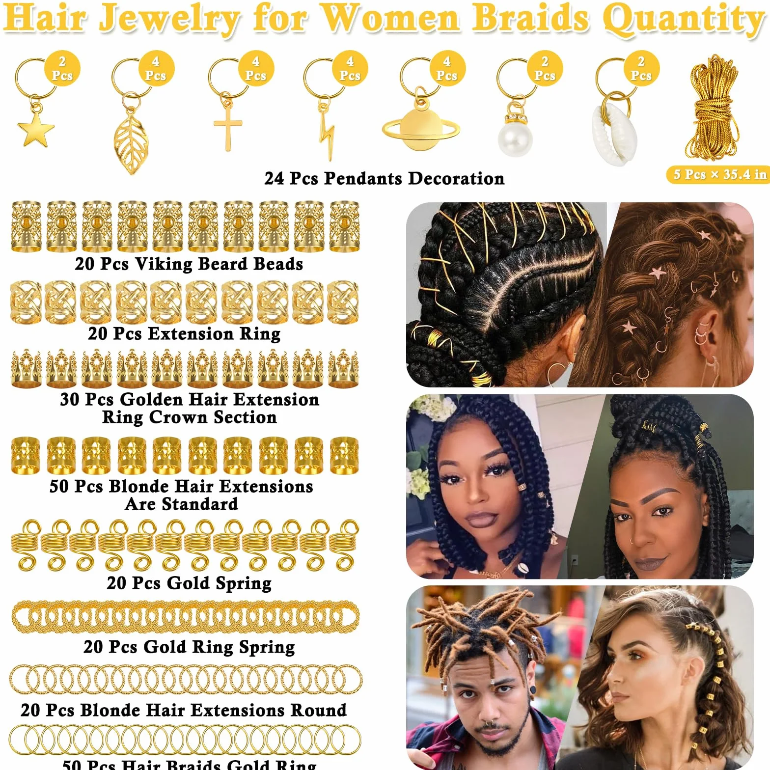 Lucomb 259 sztuk Hair Jewelry for Braids, Loc Jewelry for Hair Dreadlock, Hair Jewelry for Women, Metal Gold Braids Ring Cuffs Cuffs Clip for Dreadlock Accessories Hair Braids Jewelry Decorations