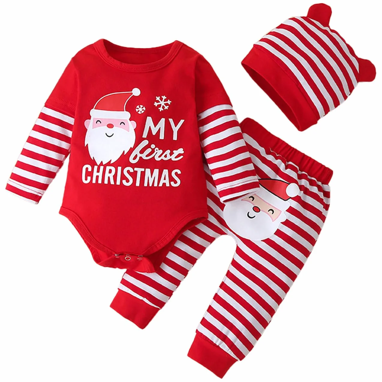 Zestaw ubrań dla dziewczynek, odzież dla noworodków z napisem My First Christmas, długie rękawy, marszczone spodnie ze Świętym Mikołajem i czapką, na Boże Narodzenie, zestawy odzieży na 0-24
