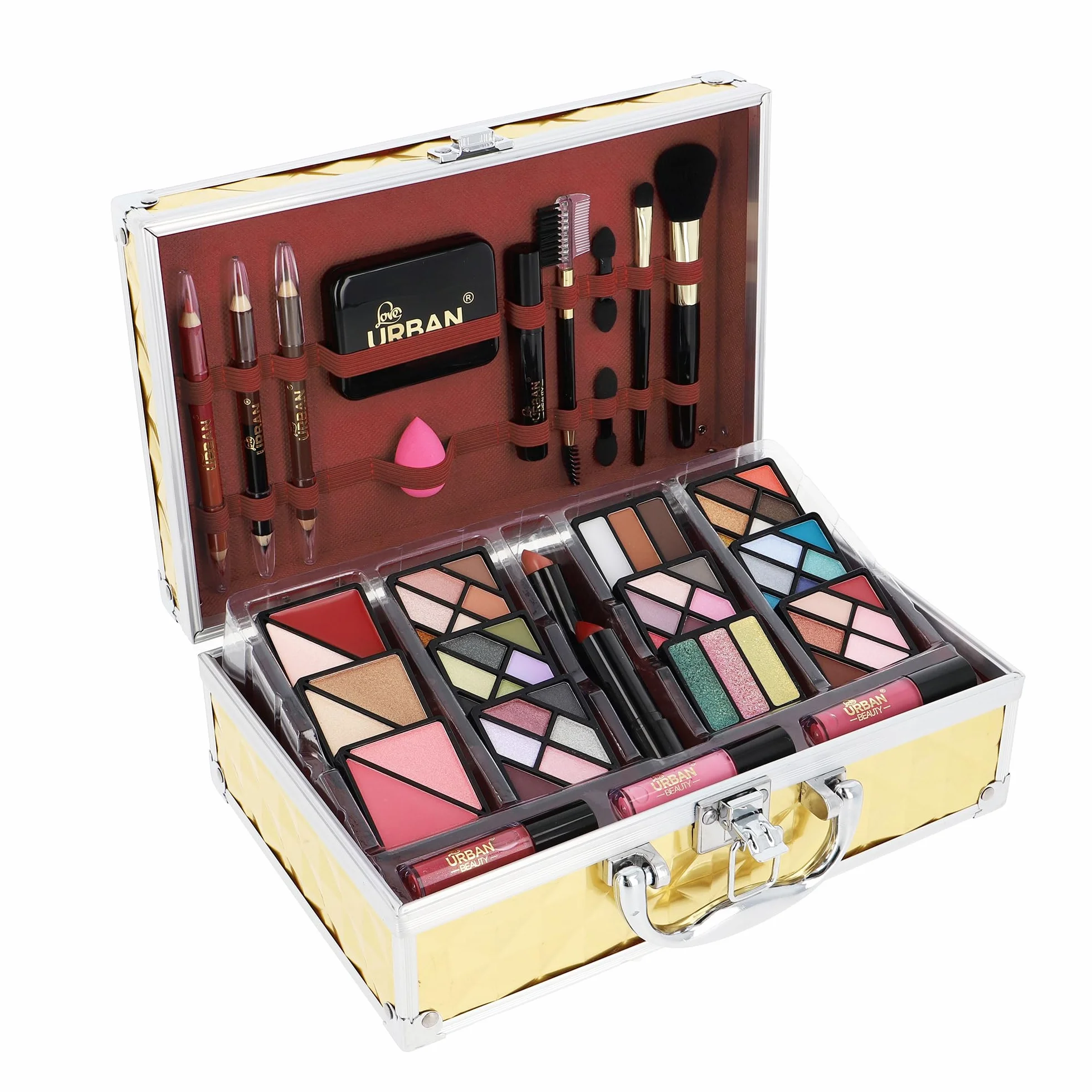 Wegański Makijaż Pudełko na Kosmetyki Love Urban Beauty Luxe Gold Touch Zestaw Upominkowy Podróżny 73 szt