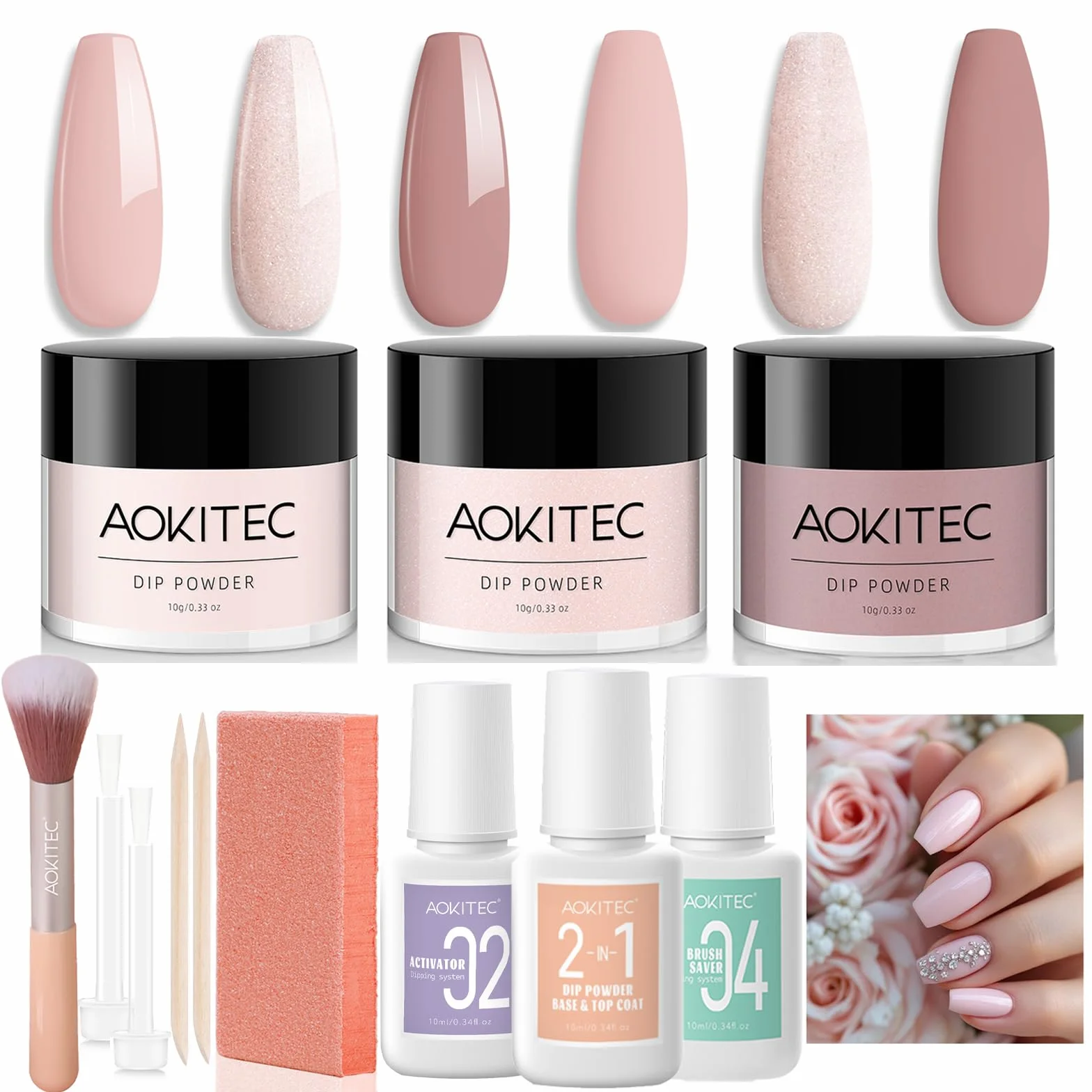 Aokitec 12 sztuk Dipping Powder Nail Set Starter Kit, 3 kolory Nude Pink Dip Powder z płynami, akrylowy zestaw do paznokci