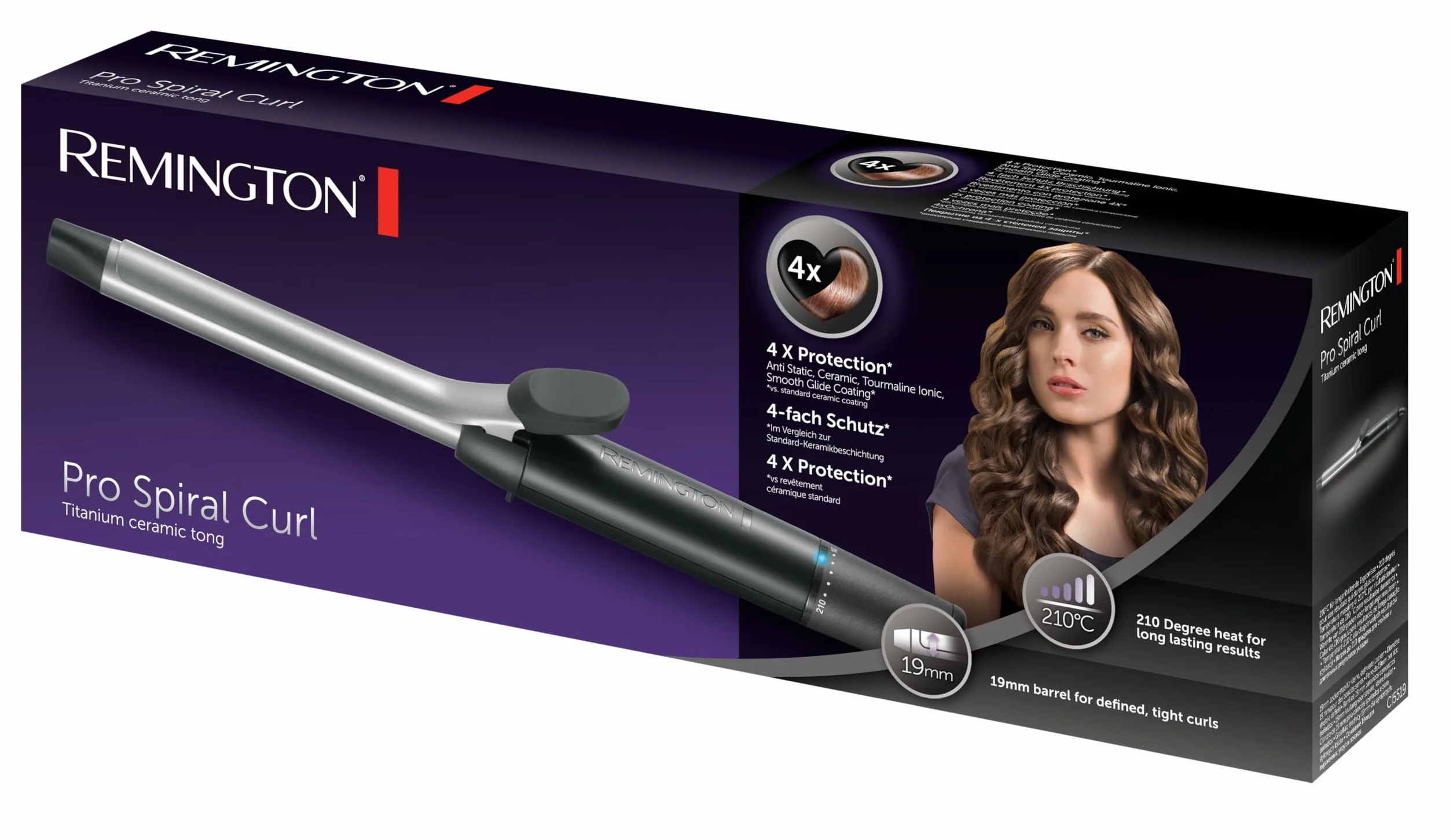 Remington lokówka do włosów, małe loki 19mm, 4-krotna ochrona, antystatyczna ceramiczna powłoka, wyświetlacz cyfrowy do 210°C, z zaciskiem, Pro Sprial Curl CI5519
