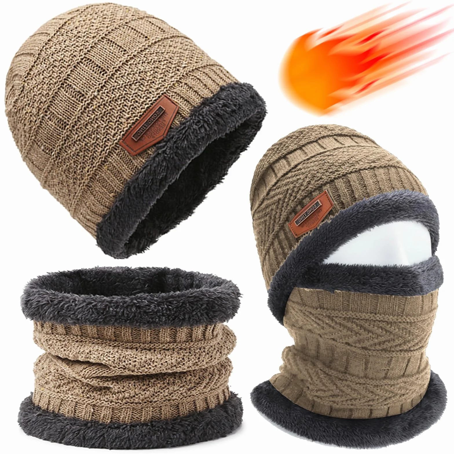 Zimowa czapka typu pętla, zestaw dla mężczyzn i kobiet, ciepła czapka beanie, komin z podszewką polarową