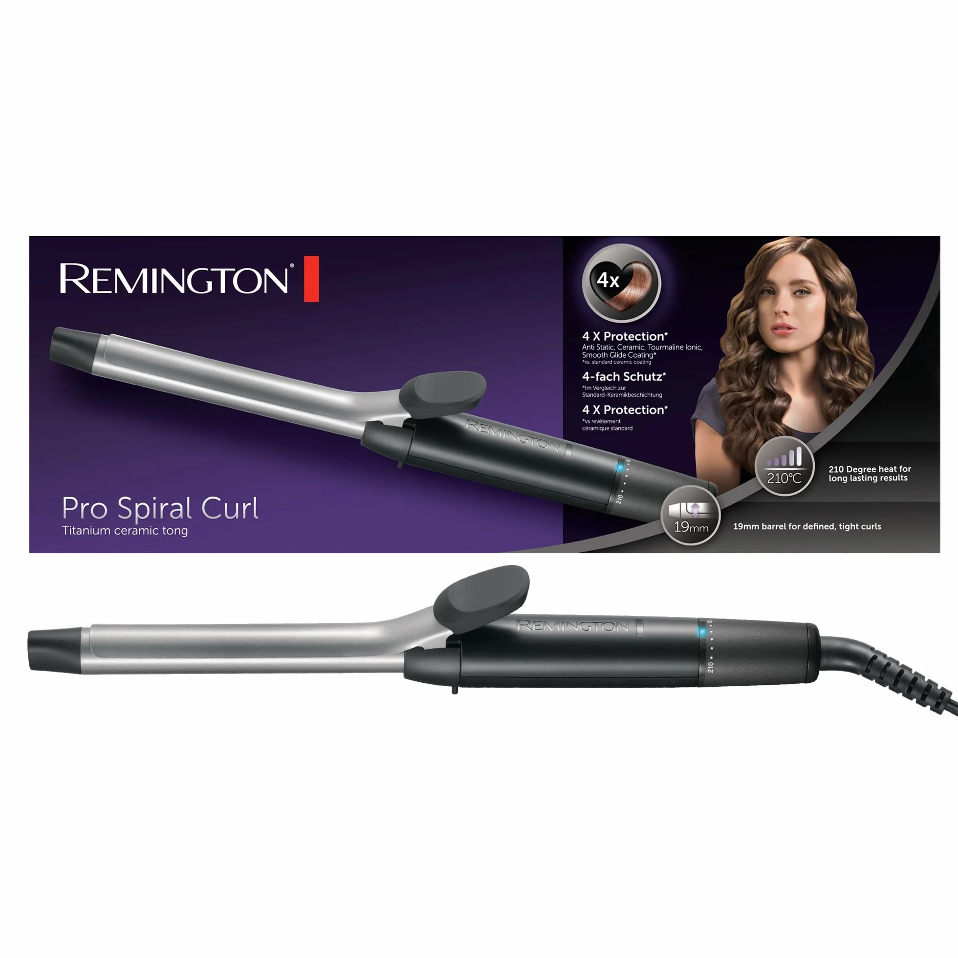 Remington lokówka do włosów, małe loki 19mm, 4-krotna ochrona, antystatyczna ceramiczna powłoka, wyświetlacz cyfrowy do 210°C, z zaciskiem, Pro Sprial Curl CI5519