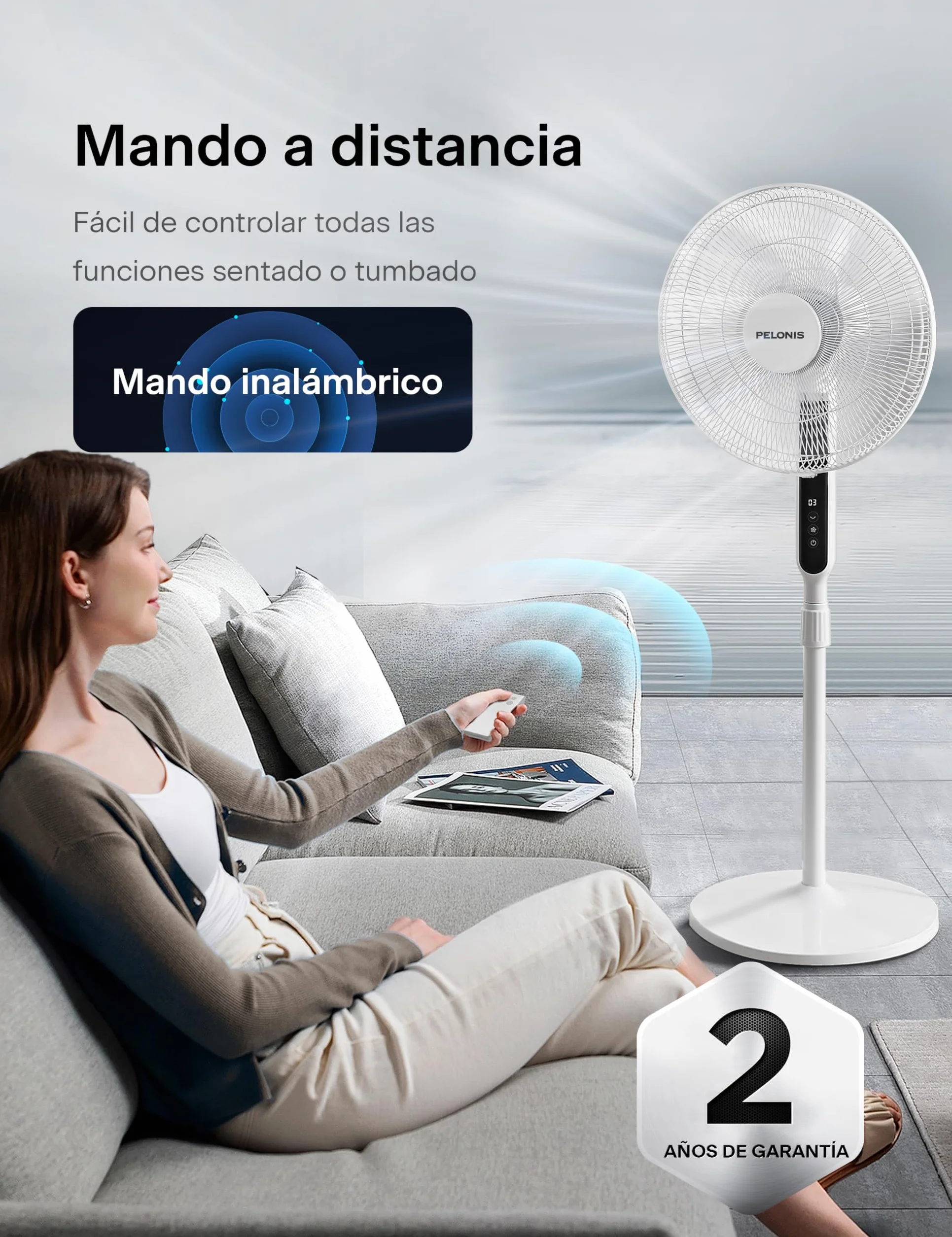 PELONIS Cichy wentylator stojący, z pilotem zdalnego sterowania, 35 cali, z oscylacją 85°, regulacja wysokości, 12 stopni prędkości, timer 12 h, 35 W, duża cyrkulacja powietrza