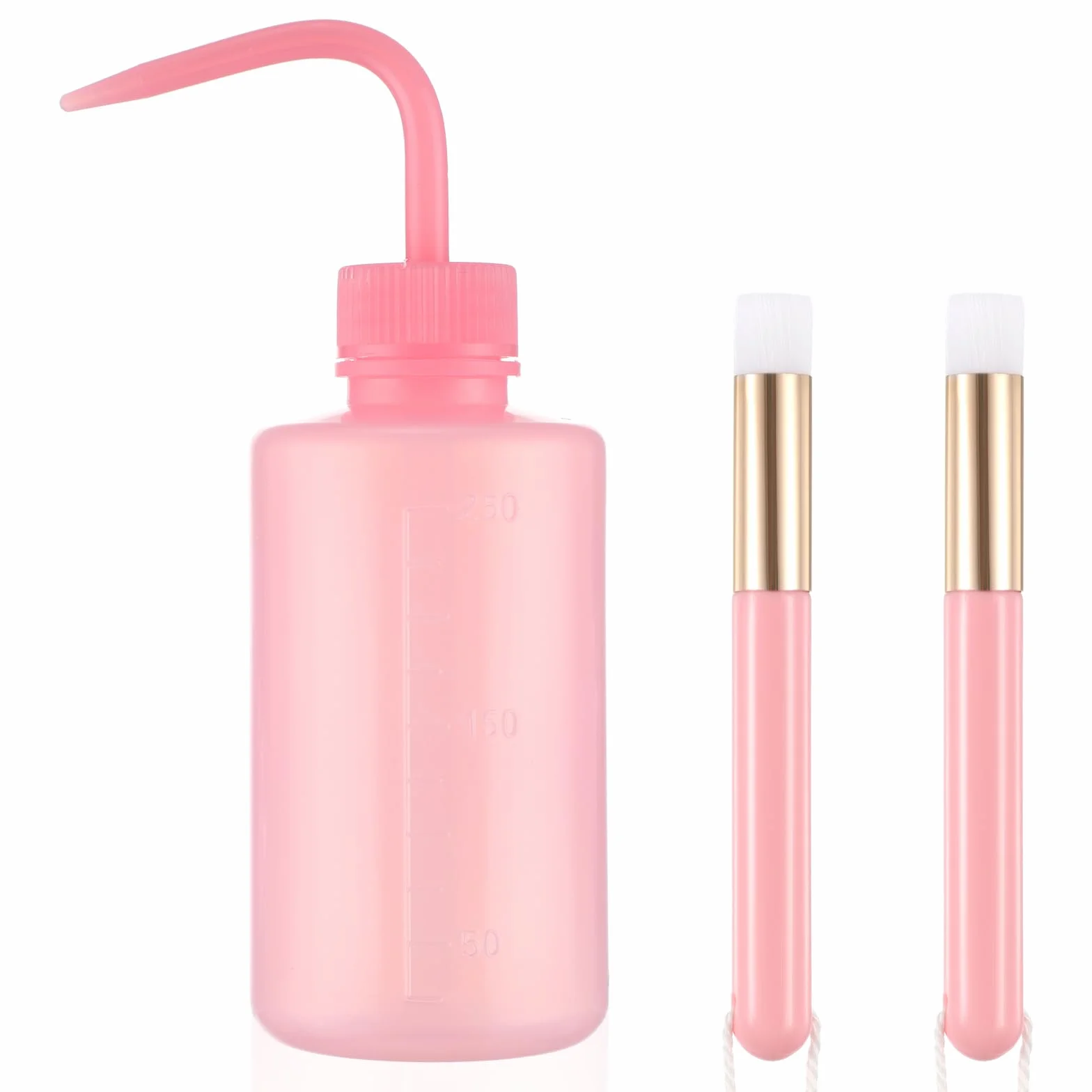COMNICO Zestaw szczotek do szamponu, 1 szt. 250 ml, plastikowa, bezpieczna butelka do mycia i 2 szczotki do czyszczenia rzęs, do tatuażu, akcesoria do przedłużania rzęs (różowe)