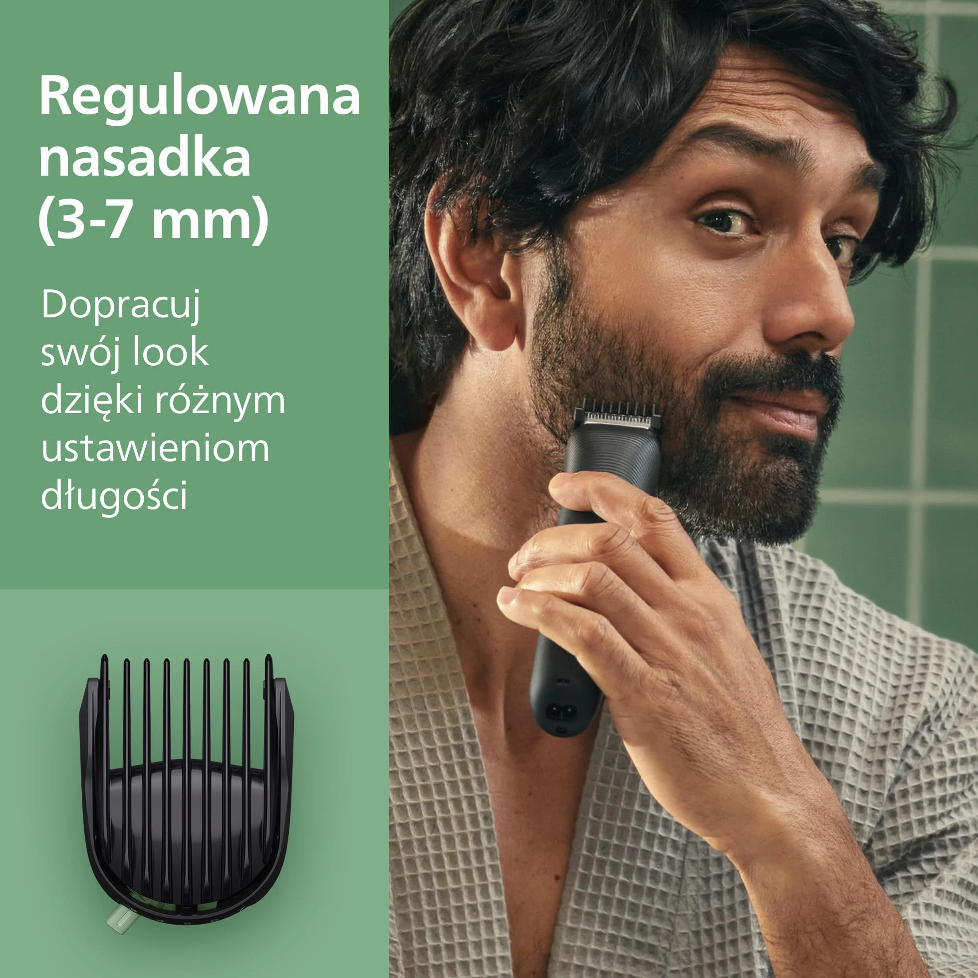 Philips Multigroom All-in-One z serii 3000 – 7-elementowy trymer do twarzy i głowy, samoostrzące się, przyjazne dla skóry ostrza, 10 ustawień długości, model MG3930/15