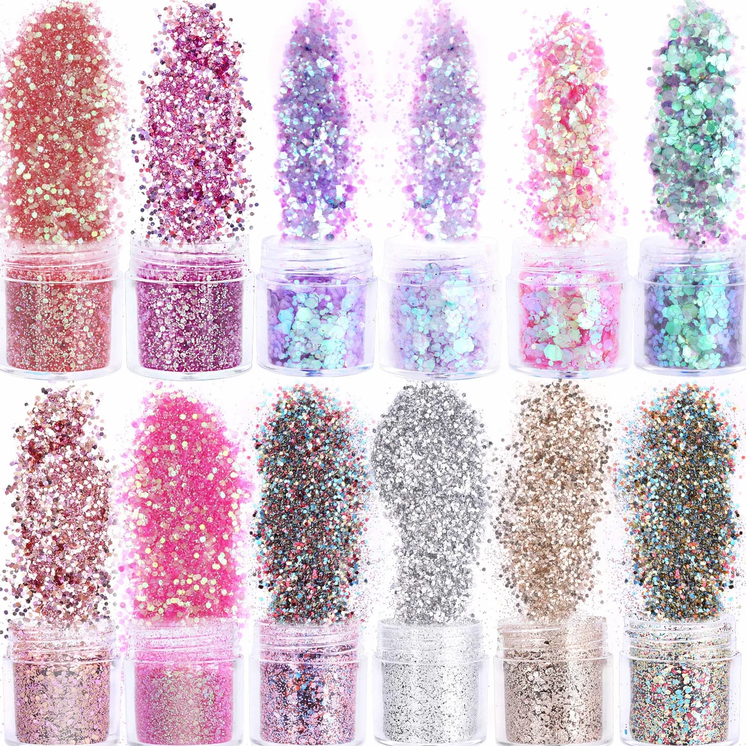 HOWAF 12 garnków Beauty Nail Glitter Cekiny puder z pędzelkiem 2 szt., mieszanka holograficznych brokatowych cekinów puder pył do paznokci twarzy oczu ciała włosów 3D zdobienia paznokci dekoracja