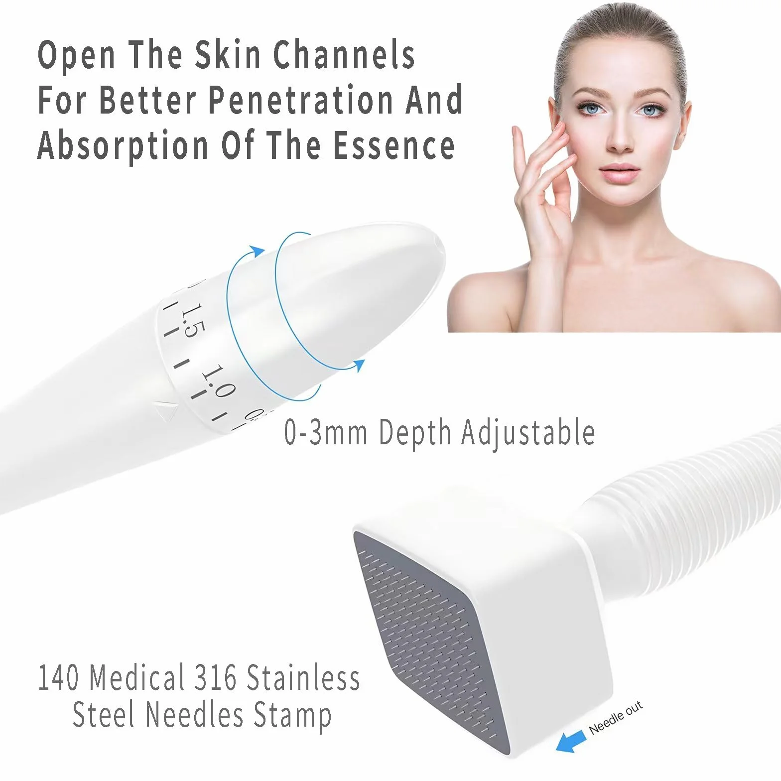 Derma Stamp Hair, mikroigły do porostu brody i ciała, lekki, z mikro igłami 0-3 mm, 140 igieł tytanowych klasy A, dermastamp z regulacją