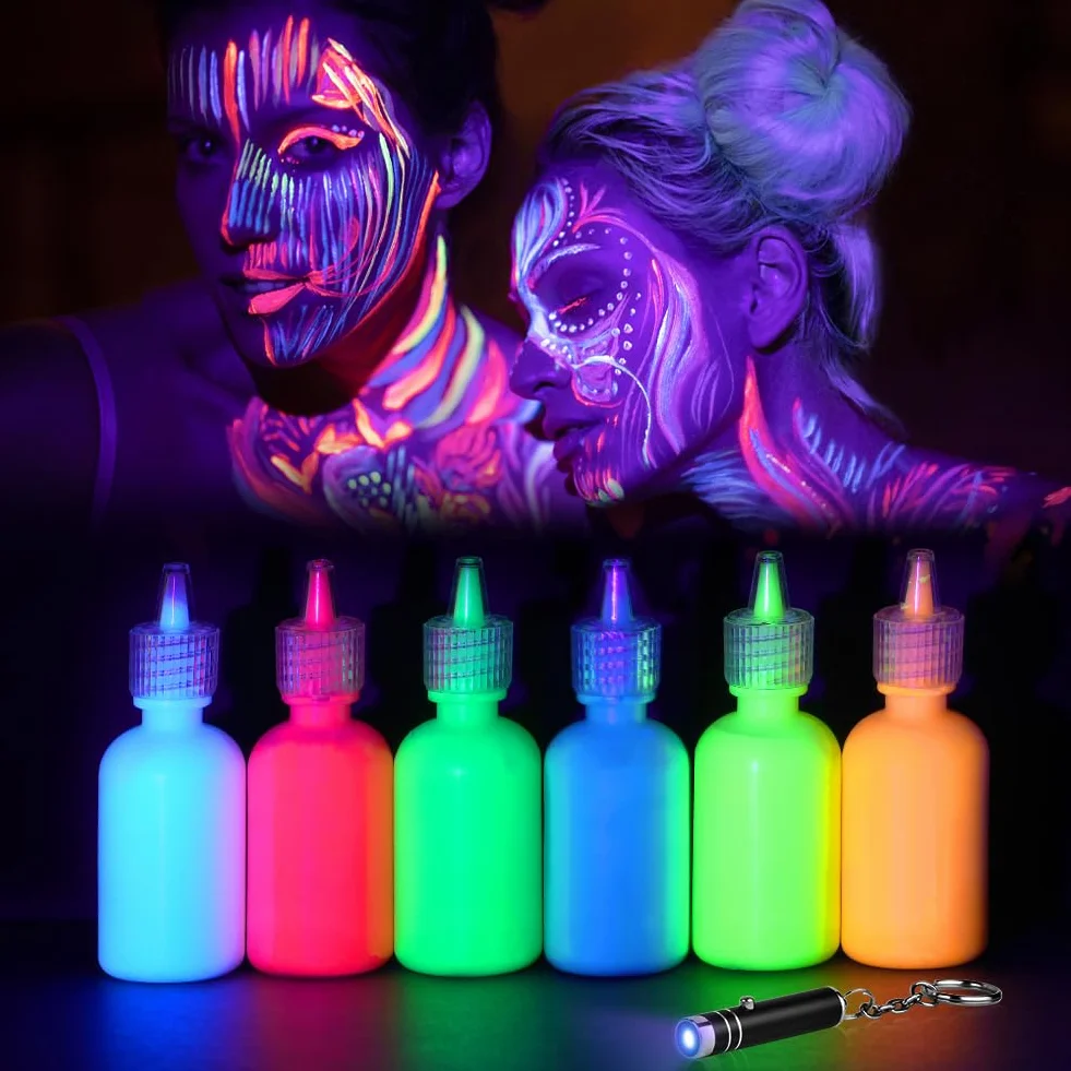 LOPHE Zestaw farb fluorescencyjnych, 6 x 30 ml, obraz z blaskiem UV, kolorowy neonowy zestaw do twarzy i ciała, Halloween, Boże Narodzenie, A