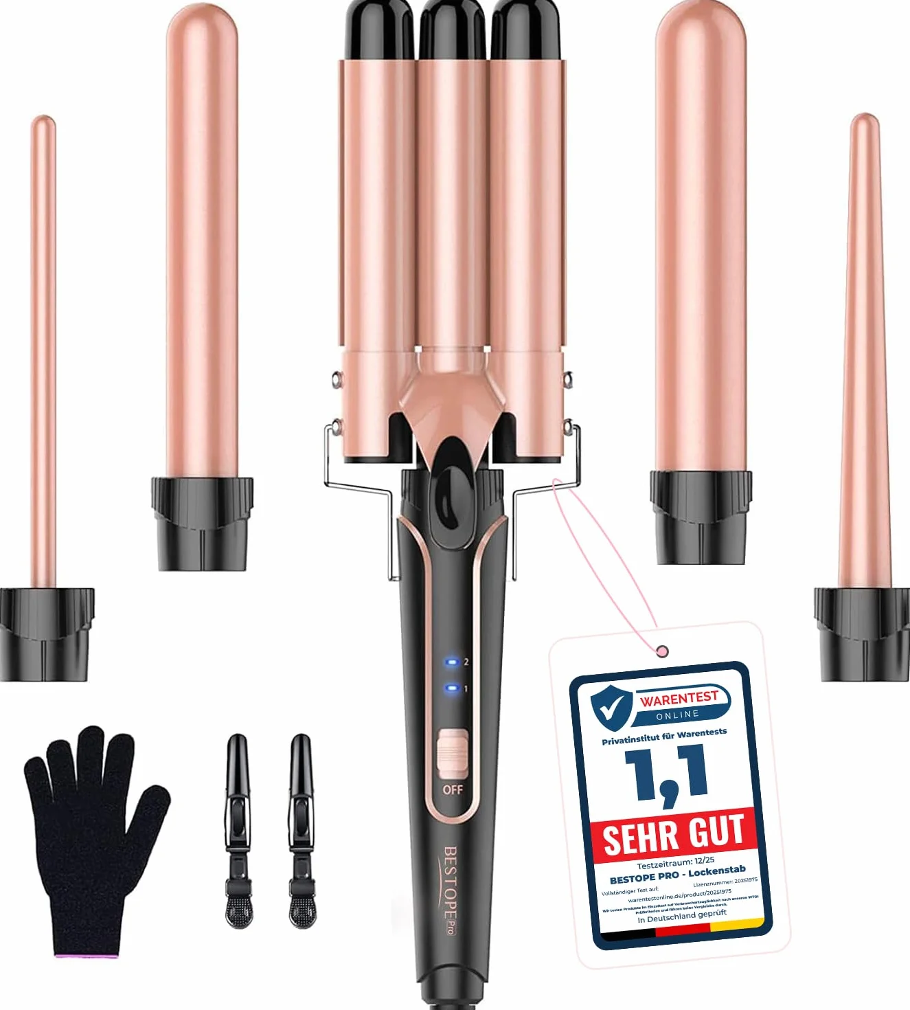 BESTOPE PRO Zestaw 5 w 1 z falami – wyposażony w 3 ceramiczne beczki do tworzenia dużych fal, w tym ustawienie temperatury, szybkie nagrzewanie i rękawica, 2 klipsy, różowe złoto