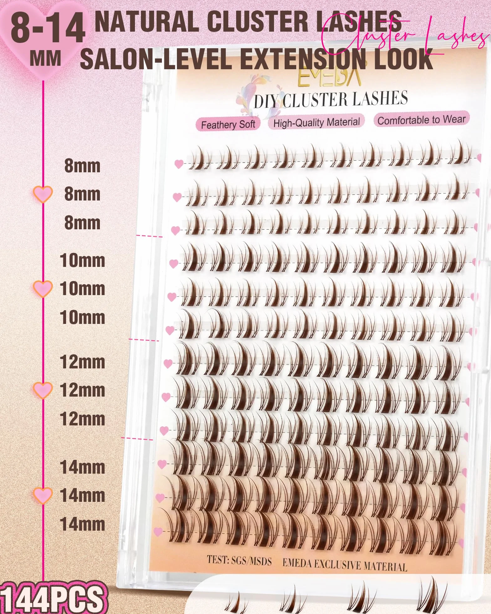 EMEDA Manga Naturalne Brązowe klastry rzęsy Wispy Anime DIY do Przedłużania Rzęs indywidualne rzęsy D-Curl z Przezroczysty i miękki band 8mm 10mm 12mm 14mm Mix Lash Clusters Łatwe do Nałożenia