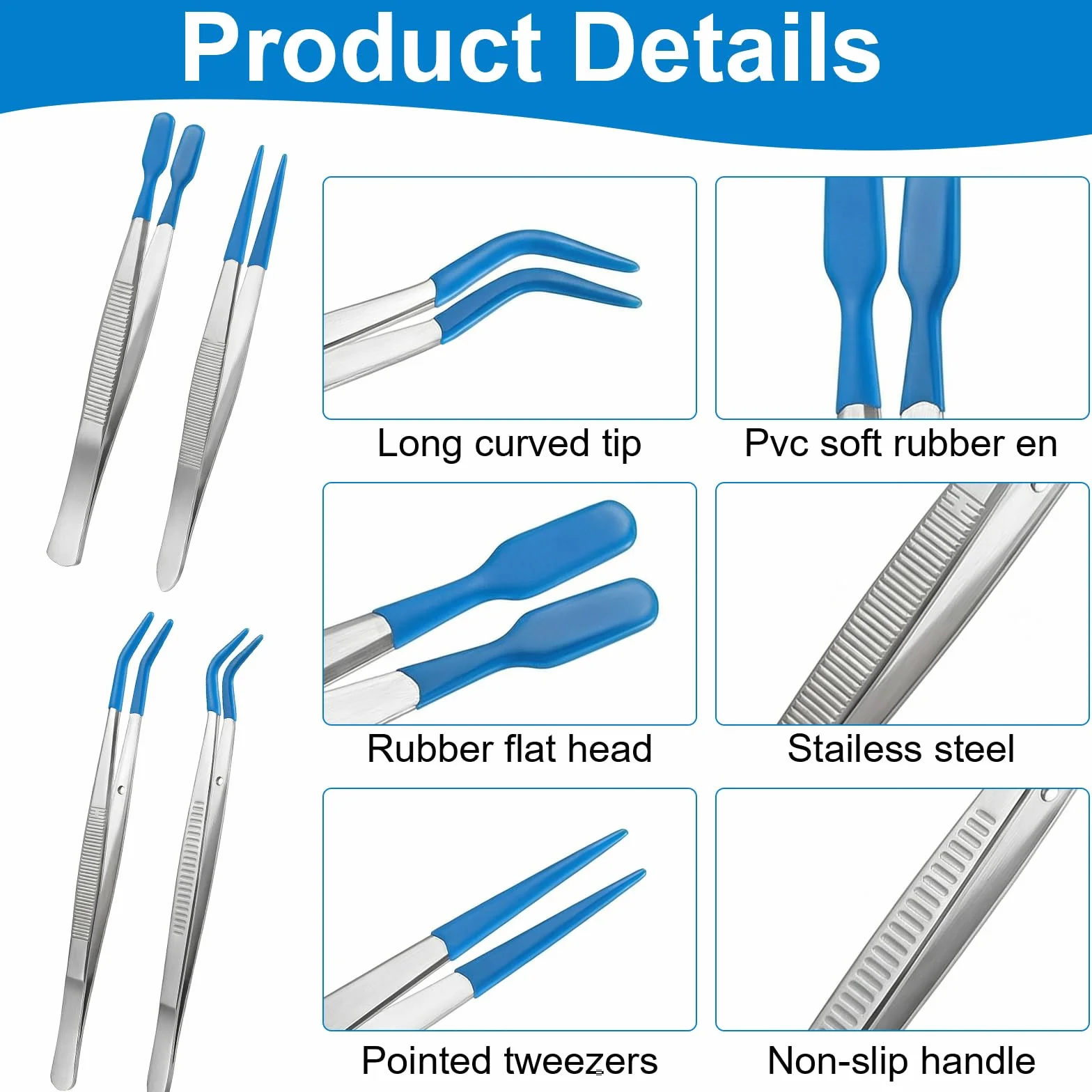 Nogeqi 4 pęsety z gumowymi końcówkami, tweezers z gumowymi końcówkami, powlekane PCW, precyzyjne pęsety do rzemiosła, biżuterii, perełek, znaczków pocztowych