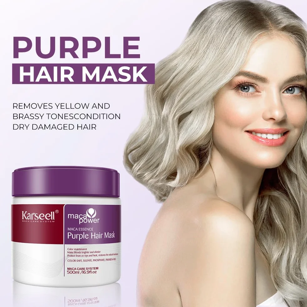 Karseell Purple Hair Mask 500ml Neutralizuje Mosiężne i Żółte Odcienie dla Blond Srebrnych Siwych Rozjaśnianych Włosów