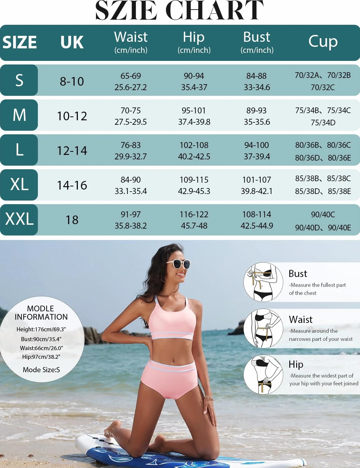 Yuson Girl Damski zestaw bikini z wysokim stanem, dwuczęściowy kostium kąpielowy, push up, moda kąpielowa, kontrola brzucha, blokowanie kolorów, sportowe bikini, seksowne zestawy bikini dla kobiet