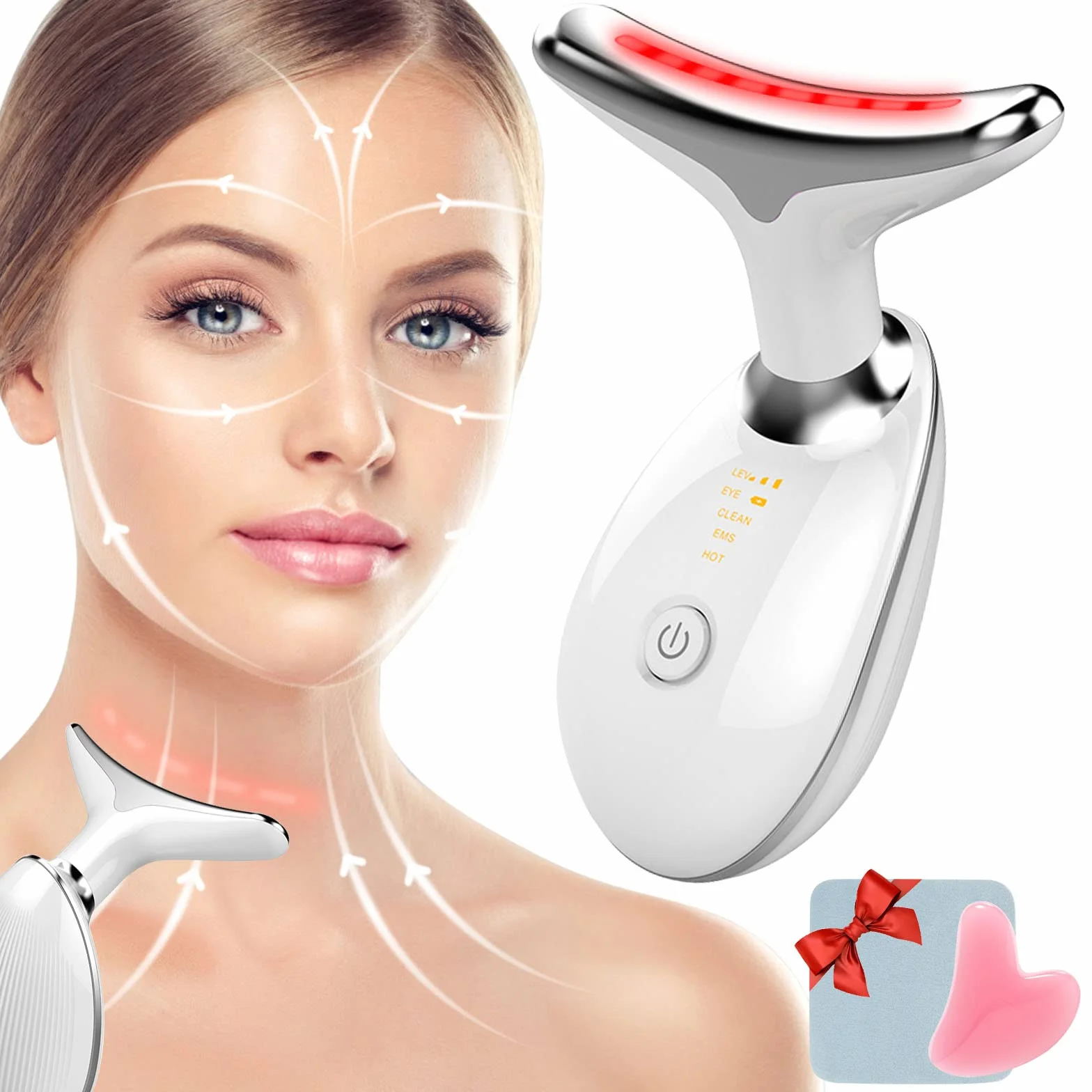 Urządzenie do masażu twarzy przeciw zmarszczkom, 4 w 1, podwójny podbródek z narzędziami do twarzy Gua Sha, unisex, trener Jawline z 3 trybami, 45℃ do ujędrniania i liftingu skóry, poprawy