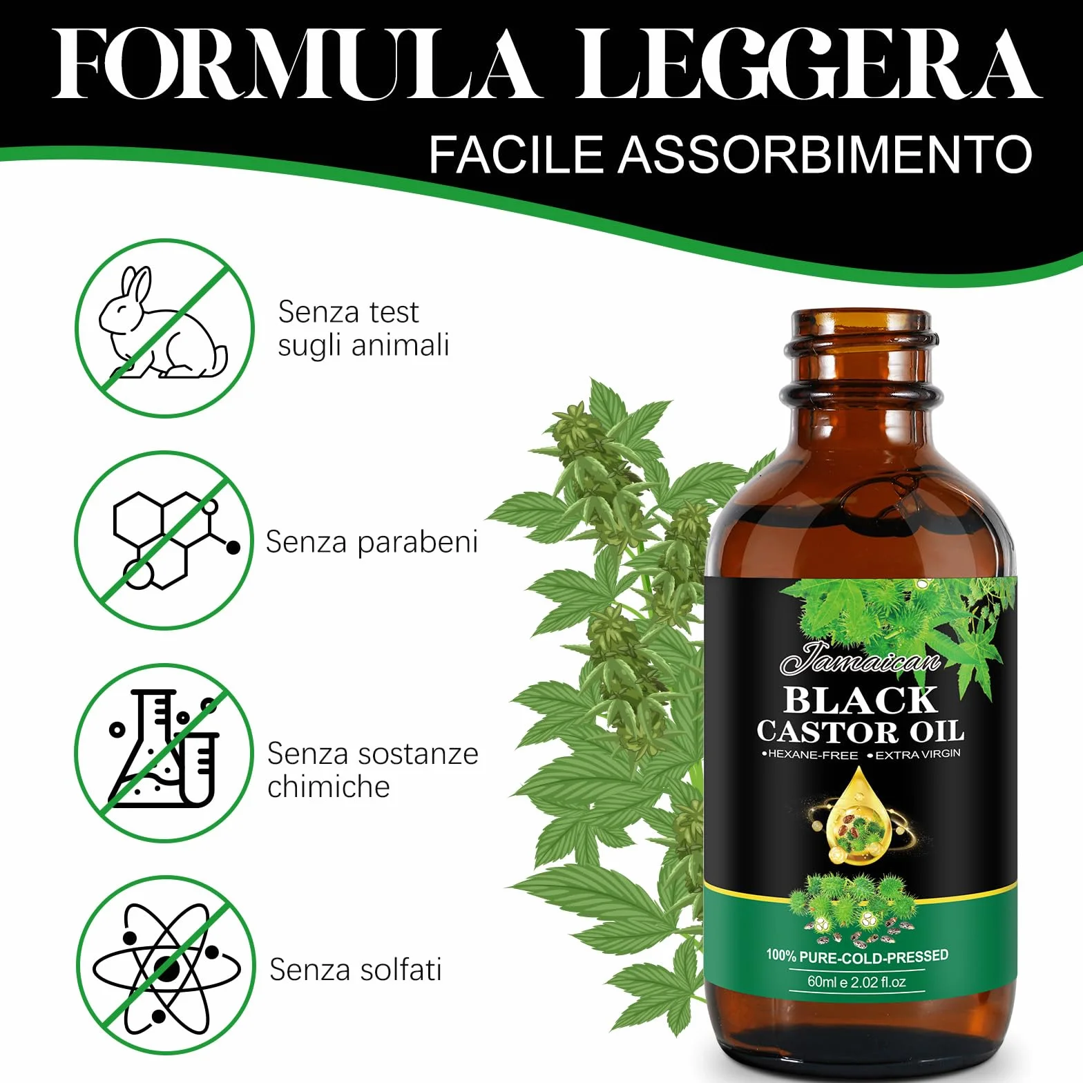 Biologiczny czarny olej rycynowy z jamajki, 60 ml - 100% czysty czarny olej rycynowy na zimno, wspomaga wzrost włosów, wzmacnia korzenie i zapobiega łamaniu