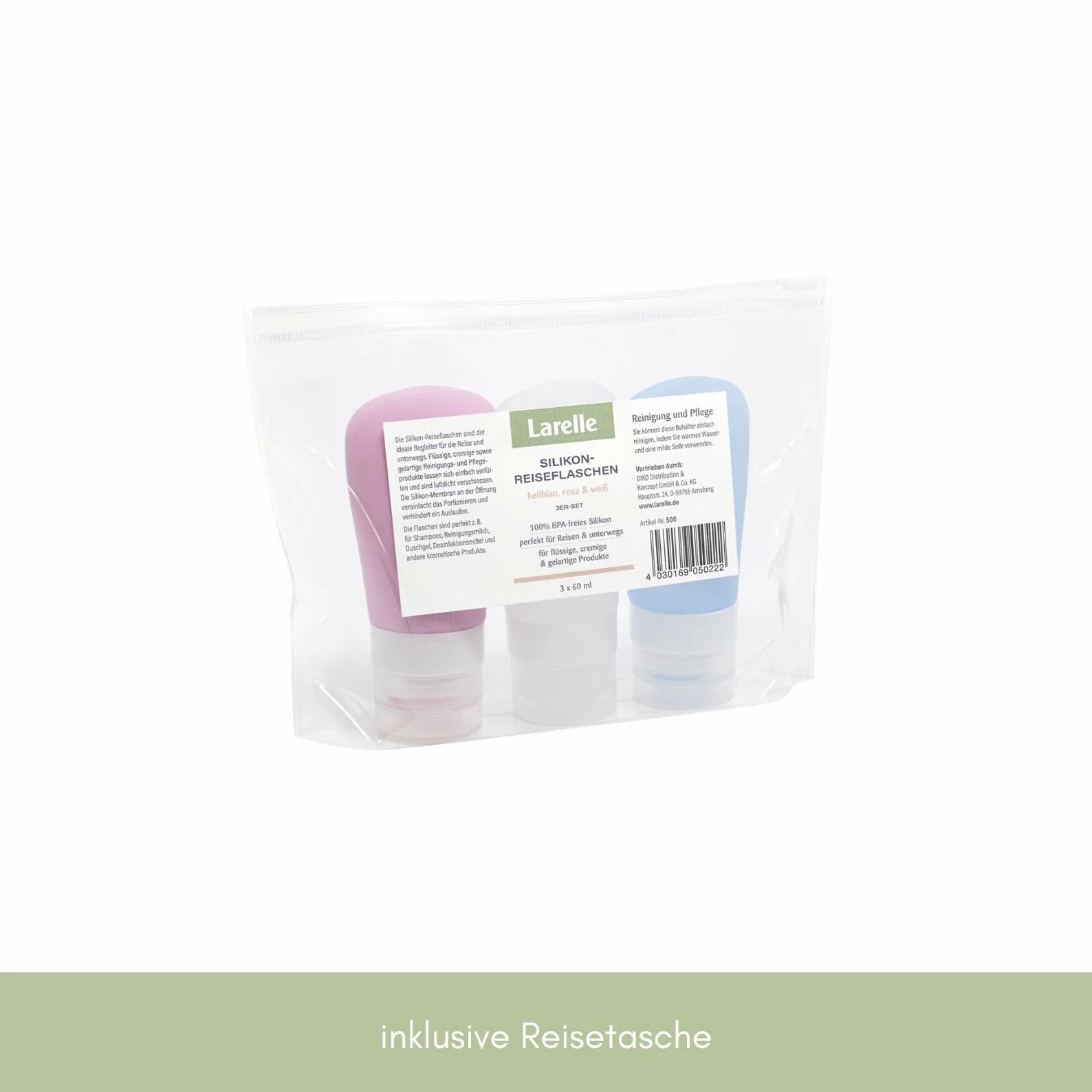Larelle Silikonowe butelki podróżne, zestaw 3 sztuk, 3 x 60 ml, silikon bez BPA, pojemniki na płyny, szczelne, pojemnik podróżny, z przezroczystą torbą, jasnoniebieski, różowy, biały