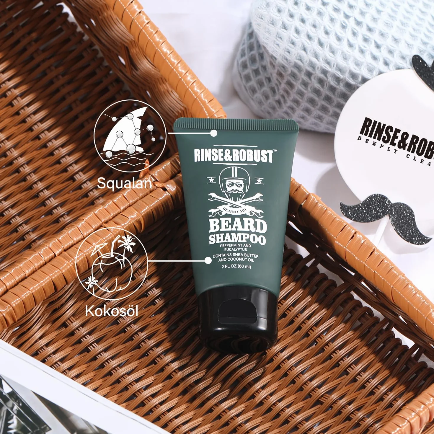 Rinse&Robust 8-częściowy zestaw do pielęgnacji brody z torbą podróżną, zapachem eukaliptusa, szczotką, grzebieniem, nożyczkami do brody, szamponem do brody