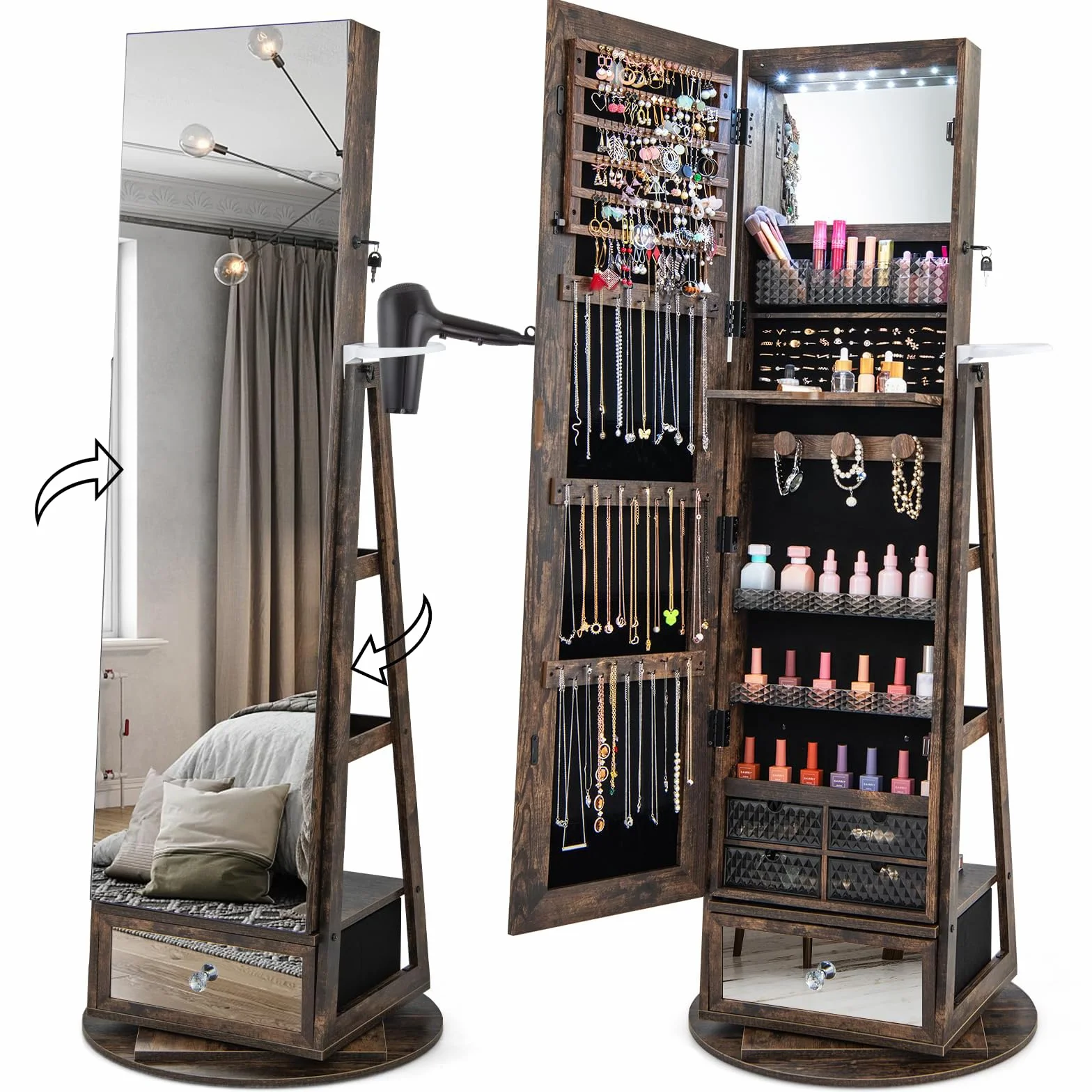 COSTWAY Szafka obracana o 360°, szafka z lustrem na całe ciało, lampki LED, szufladą i uchwytem na suszarkę do włosów, regał biżuteria, zamykany, lustro stojące