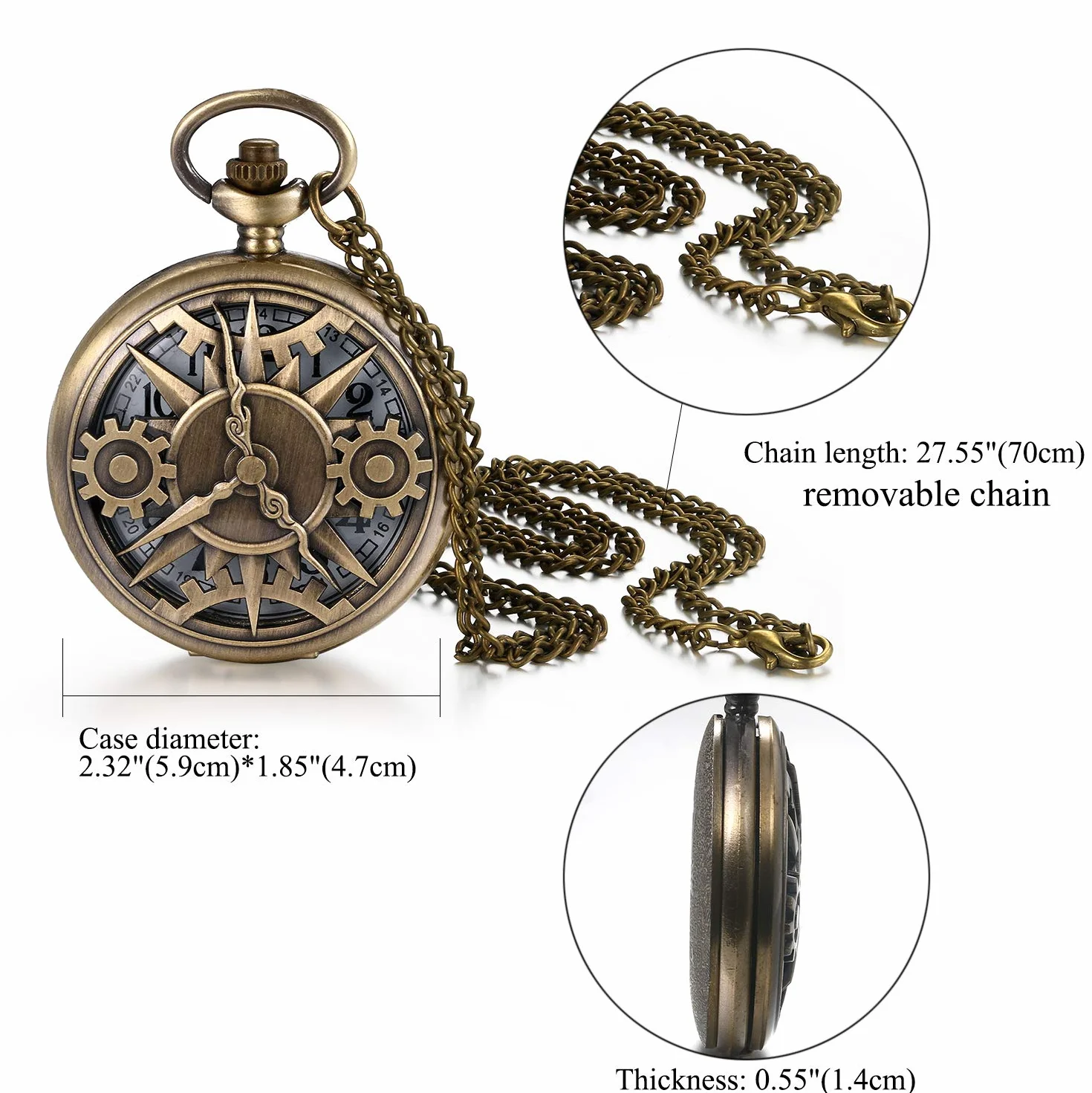 JewelryWe Prezent na Dzień Ojca, zegarek kieszonkowy, męski, retro, koło zębate, czaszka, rzymskie cyfry, znak zodiaku, mapa świata, analogowy, kwarcowy, wisiorek z łańcuszkiem, łańcuszkiem, brąz,