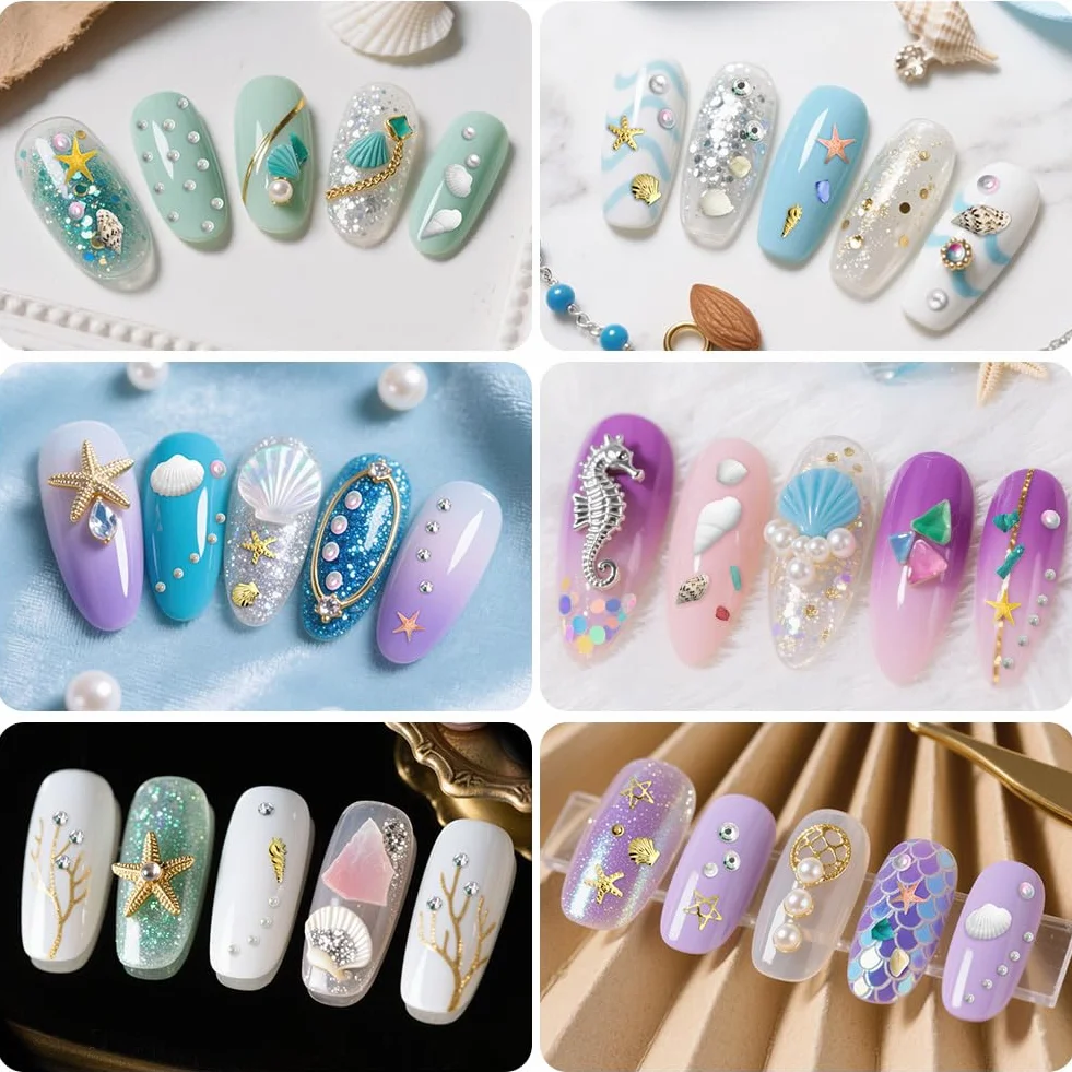 Vicloon Summer Ocean Nail Charms, 2 pudełka, letnie kamienie strasu do paznokci, motyw plażowy z muszlami, rozgwiazda 3D, muszla, perły, charmsy do paznokci, dla kobiet, akrylowe, do paznokci, oceanu