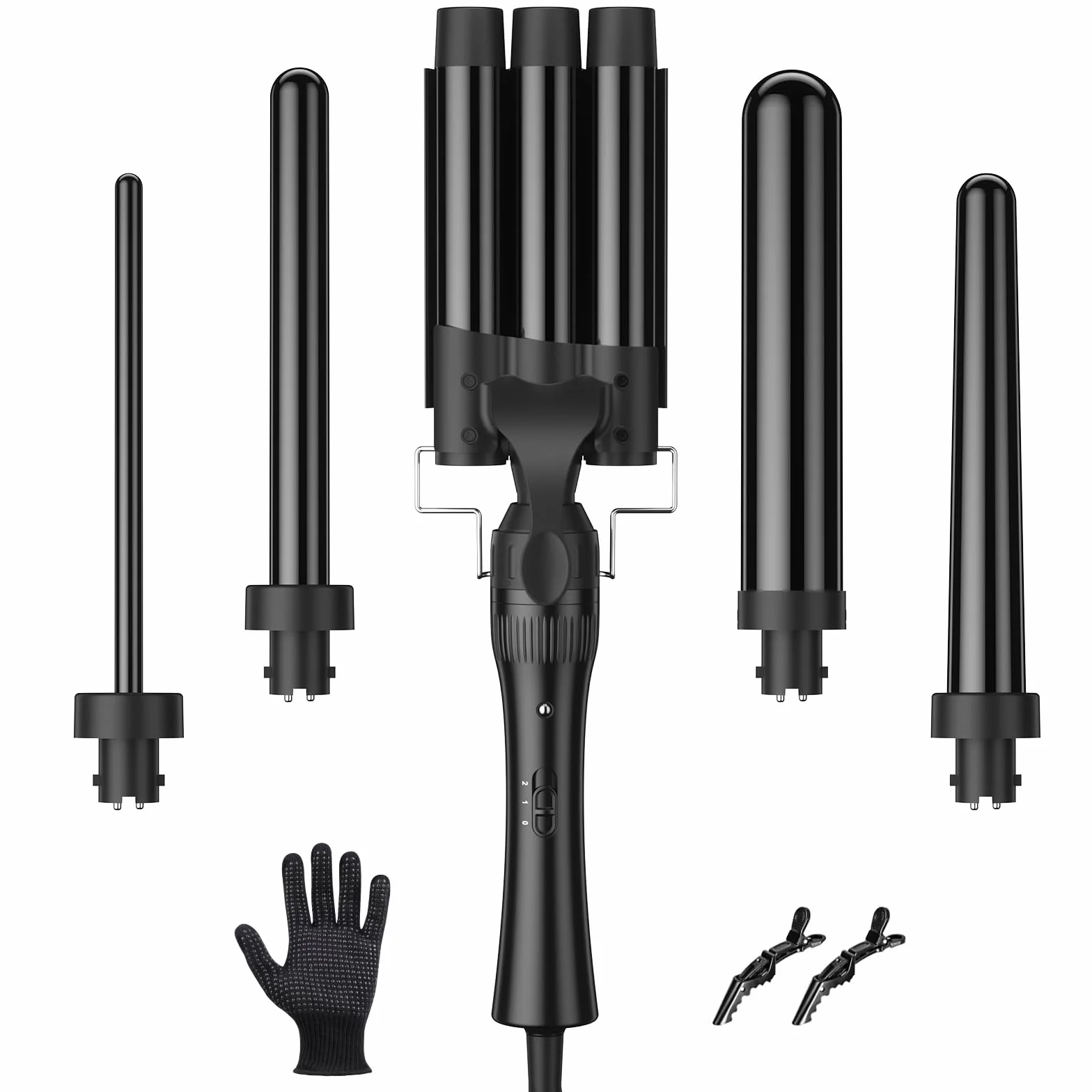 ELEHOT-Store Lokówka do włosów, 3 beczki, 5 w 1, zestaw lokówki do włosów, regulacja temperatury z różnymi końcówkami, lokówki, ceramiczna powłoka z rękawiczkami, 2 klipsy