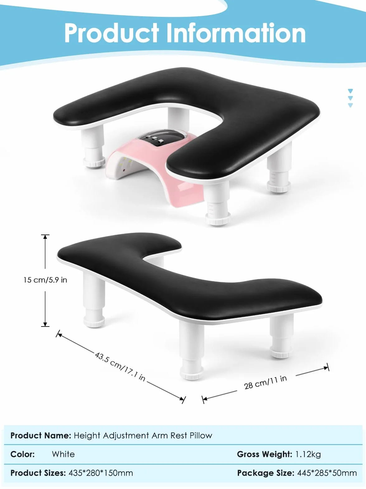 Podłokietnik do paznokci do manicure: podłokietnik do paznokci w kształcie litery U, regulowana wysokość, skórzana podpórka do rąk - czarna podpórka dla miłośników zdobienia paznokci salon zdobienia