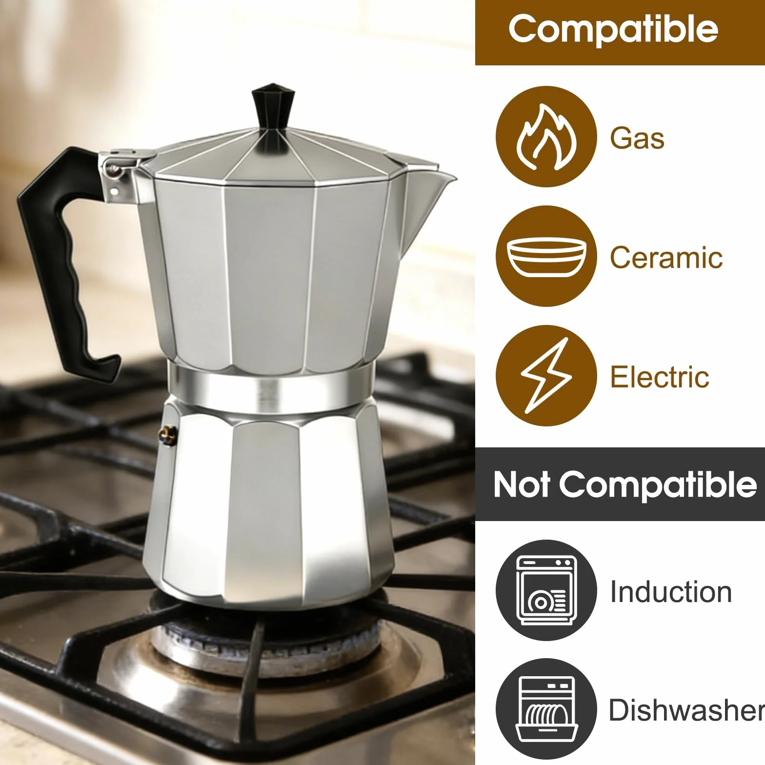 Zaparzacz do Espresso Moka, Idealny Gazowych, Ergonomiczny Uchwyt Odporny, Aluminiowy Ekspres do Kawy na 6 Filiżanek, Włoski Dzbanek Moka z Zaworem Bezpieczeństwa