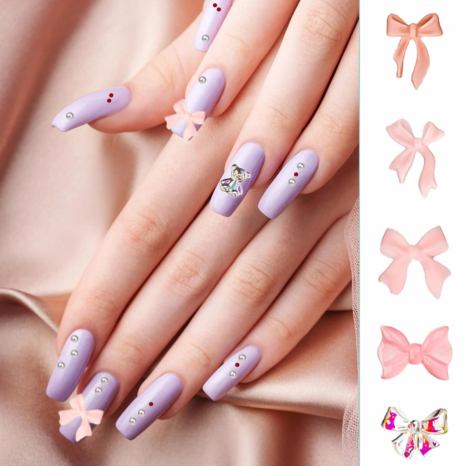Bewudy Zestaw 500 sztuk ozdób do paznokci, dekoracja 3D, sztuczna żywica, śliczne akcesoria do manicure, kwiaty, kokardki, serca, do dekoracji paznokci, DIY (różowe), 560715_2_7ZHX175TZ
