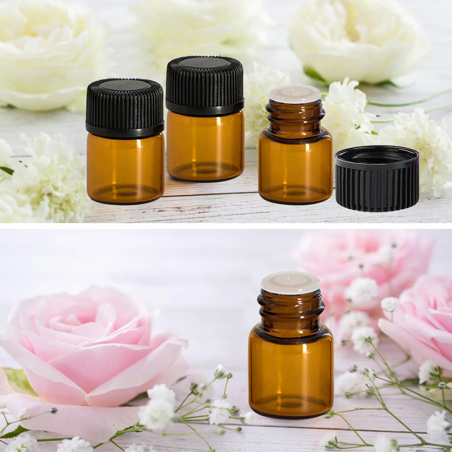 Mini butelki na olejki eteryczne: 100 sztuk, brązowe, puste buteleczki z naklejką, lejkiem i otwieraczem do butelek, do aromaterapii i masażu (1 ml, brązowe)