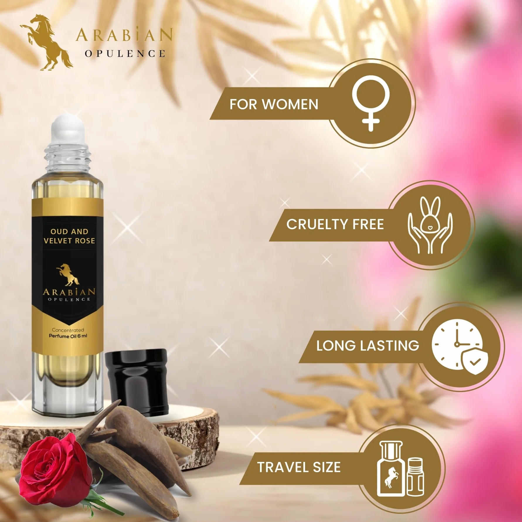 Arabian Opulence FR288 OUD AND VELVET ROSE skoncentrowany olejek perfumowany, bursztynowy, kwiatowy, bez alkoholu, butelka dla kobiet, długotrwałe perfumy na bazie oleju (6 ml)