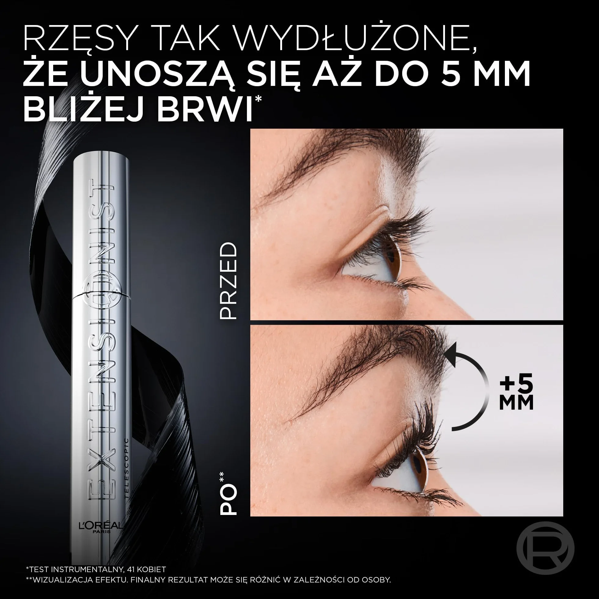 L'Oreal Paris Extensionist Mascara tusz do rzęs, wydłużajacy, długie i zdefiniowane rzęsy do 24H, formuła z wydłużającymi włóknami i pigmentami magnetycznymi, czarna, 9,9 ml