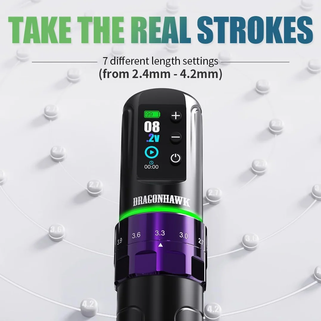Dragonhawk L3 Wireless Tattoo Machine Pen Rotary Tattoo Gun 2000mAh 2.8mm-4.2mm Stroke 2 Batteries Purple