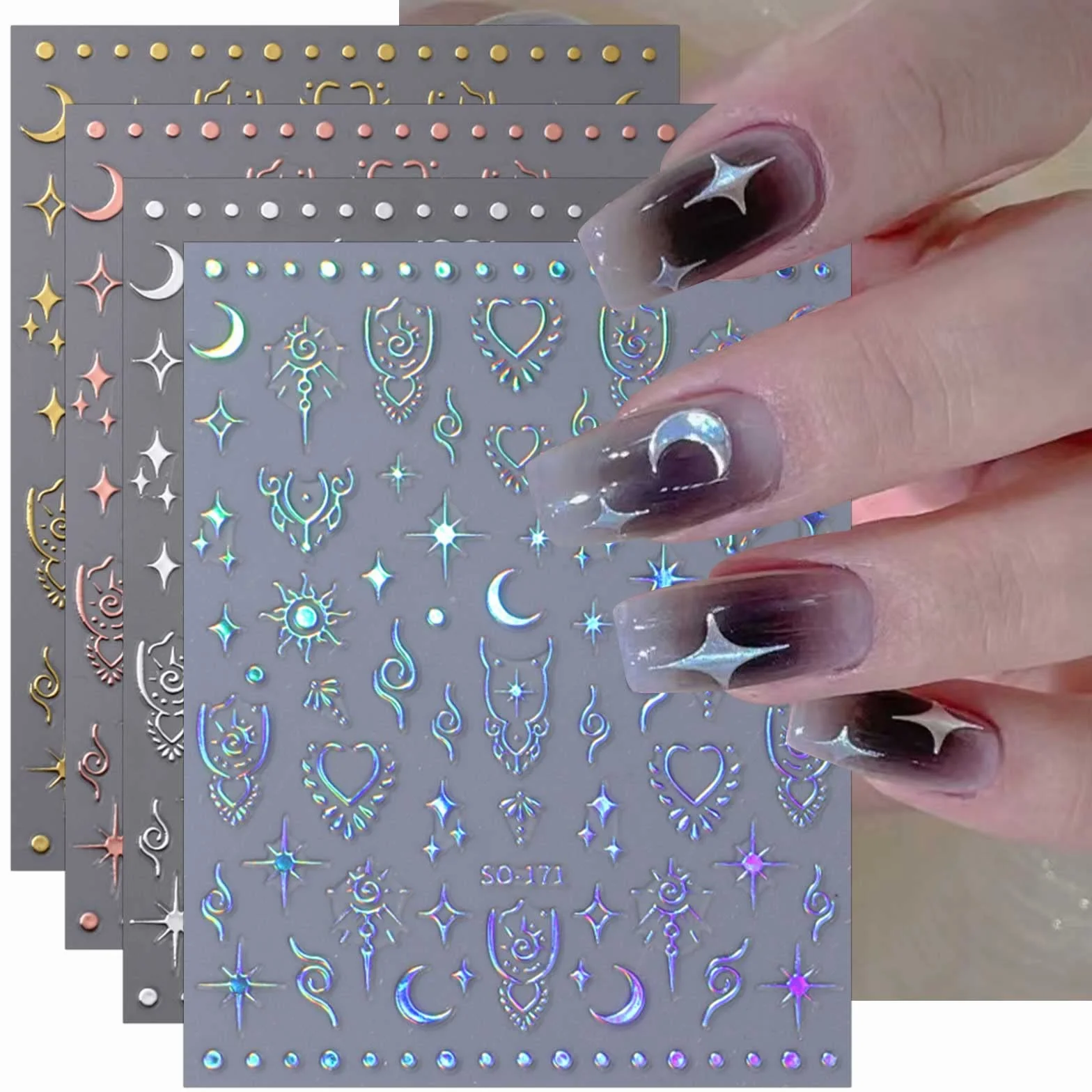 JMEOWIO Aurora Holograficzny Księżyc Gwiazda Nail Art naklejka 8 arkuszy naklejek na paznokcie samoprzylepne dekoracje do paznokci