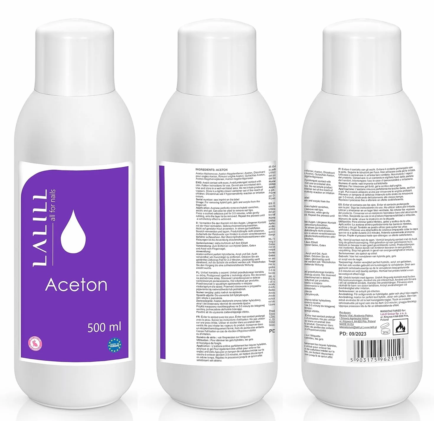 LALILL Aceton zmywacz do paznokci 500 ml do lakierów hybrydowych, żelu, akrylu i końcówek - zmywacz do lakieru żelowego - czysty aceton UV zmywacz do paznokci