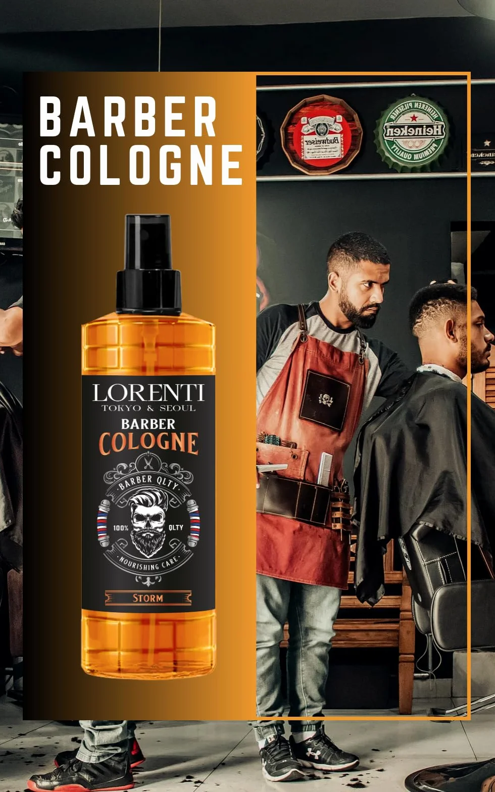 LORENTI TOKYO & SEOUL Barber Cologne 400 ml Storm spray po goleniu dla mężczyzn | woda zapachowa do golenia dla mężczyzn - Barber Eau de Cologne z praktycznym dozownikiem z pompką | orzeźwiający i
