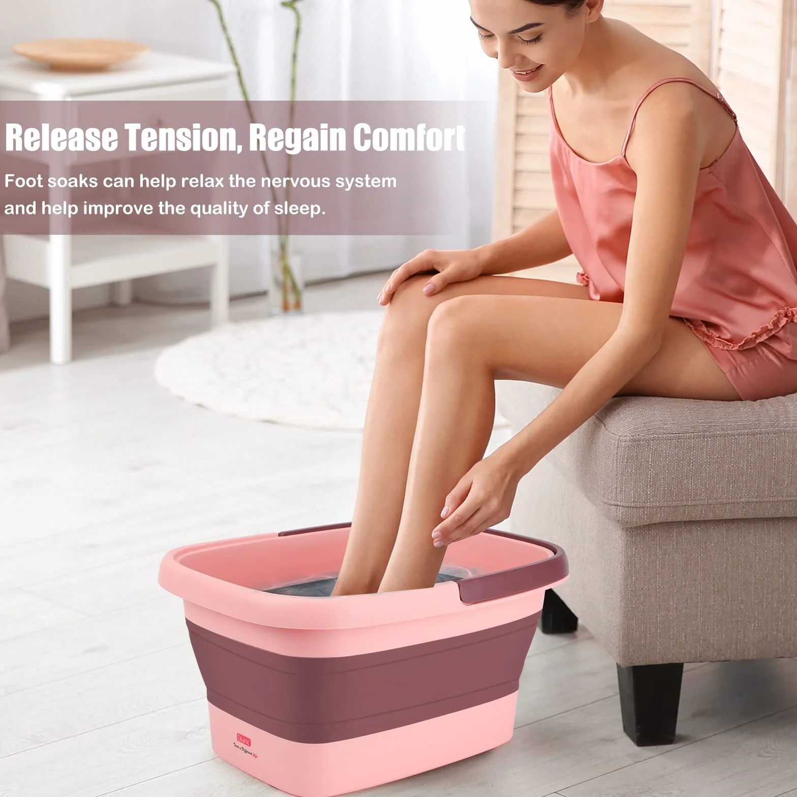 DEANIC Foot Spa, składana miska do pedicure z masażerem, kąpiel stóp dla kobiet i mężczyzn, Różowy